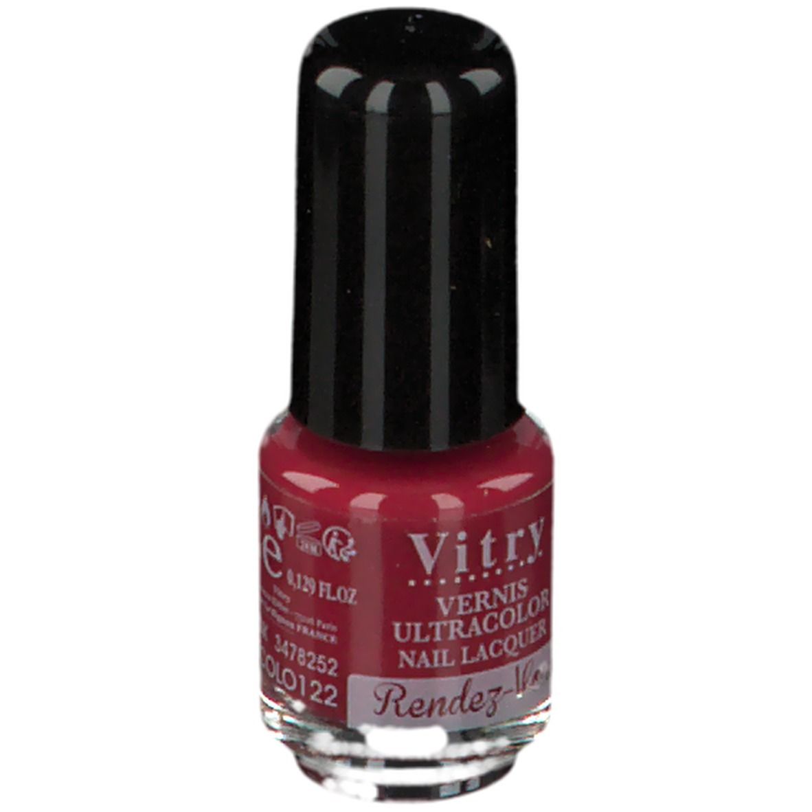 Nagellackflasche, rot. Schwarzer Deckel. Aufschrift: Vitry, 4 ml, 0,129 fl oz, CNK 3478252, 0122.