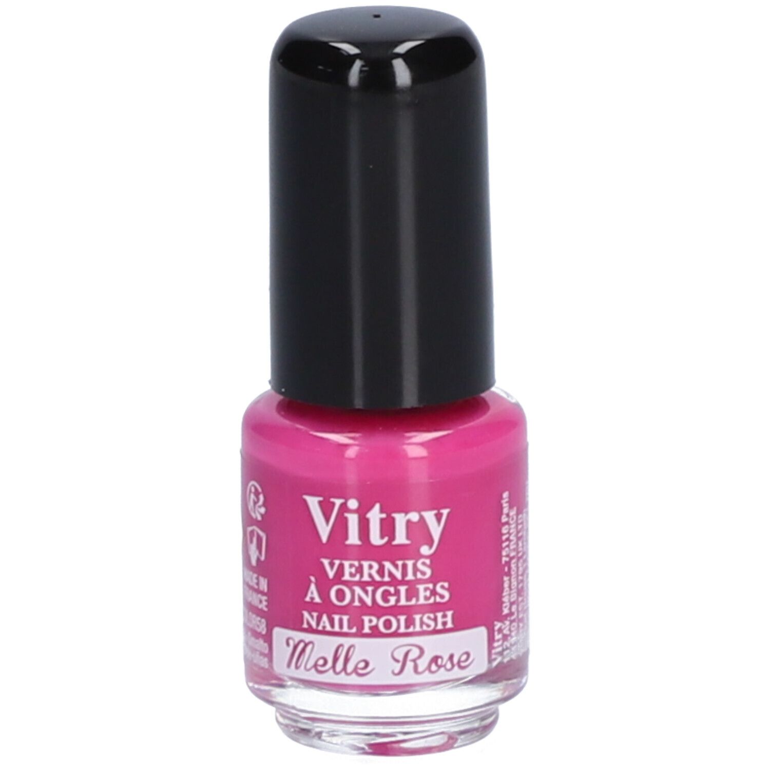 Flacon de vernis à ongles rose avec bouchon noir. Inscription : Vitry, Vernis à Ongles, Nail Polish, Melle Rose.