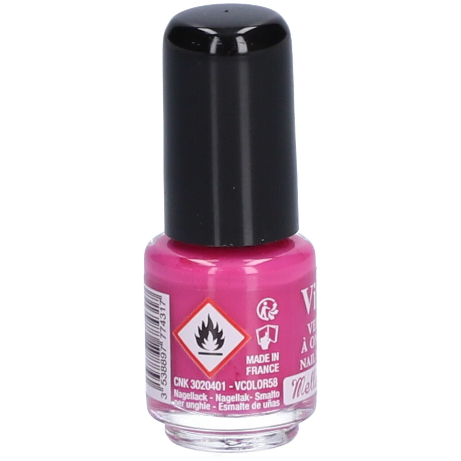 Flacon de vernis à ongles rose avec bouchon noir. Inscription : Vitry, Vernis à Ongles, Nail Polish, Melle Rose. Symbole de danger.