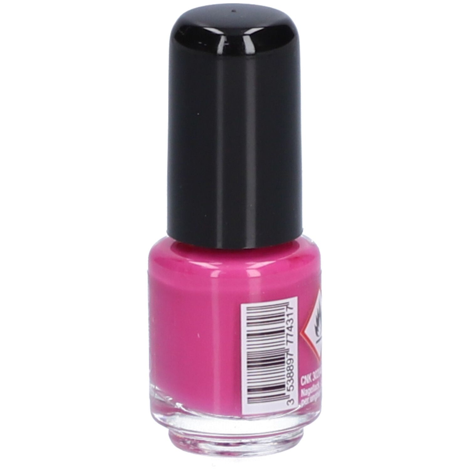 Flacon de vernis à ongles rose avec bouchon noir. Code-barres et autres informations sur l'étiquette.