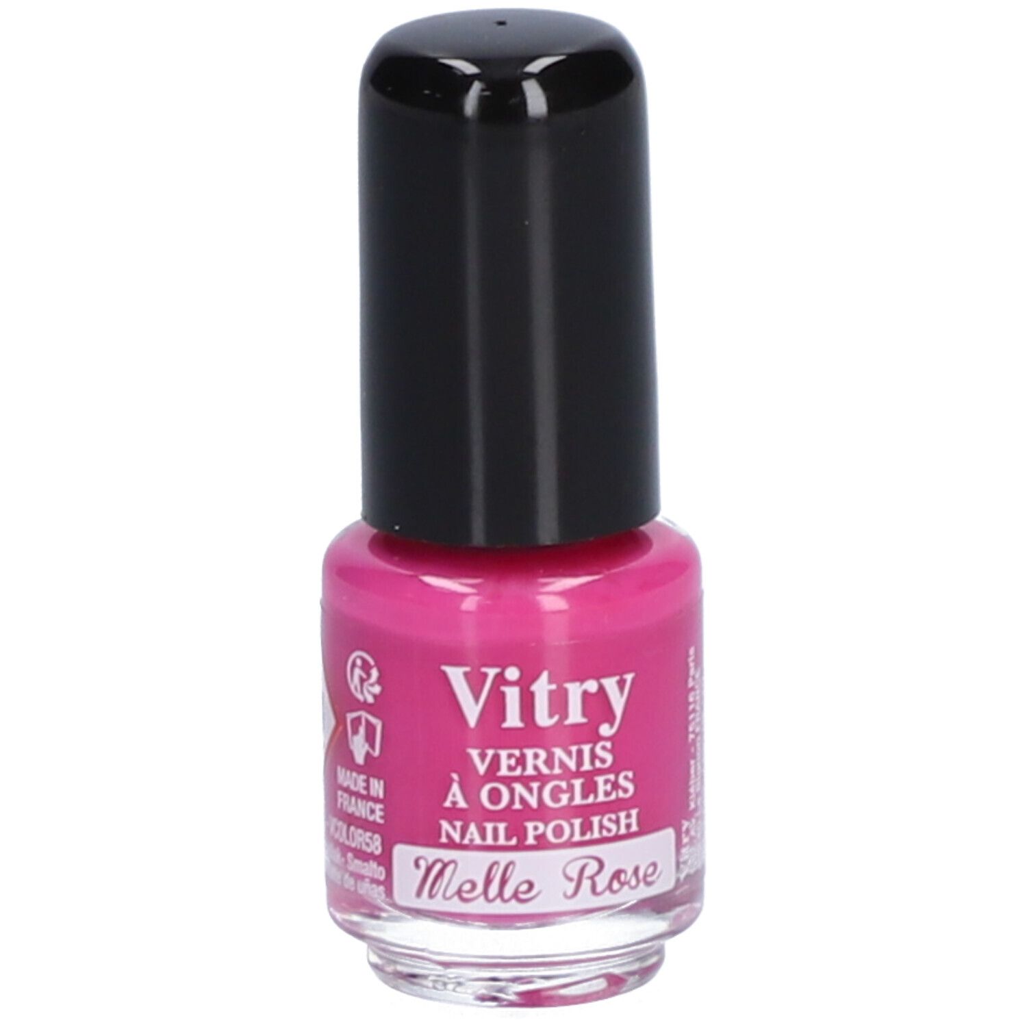 Flacon de vernis à ongles rose avec bouchon noir. Inscription : Vitry, Vernis à Ongles, Nail Polish, Melle Rose. Pays d'origine.
