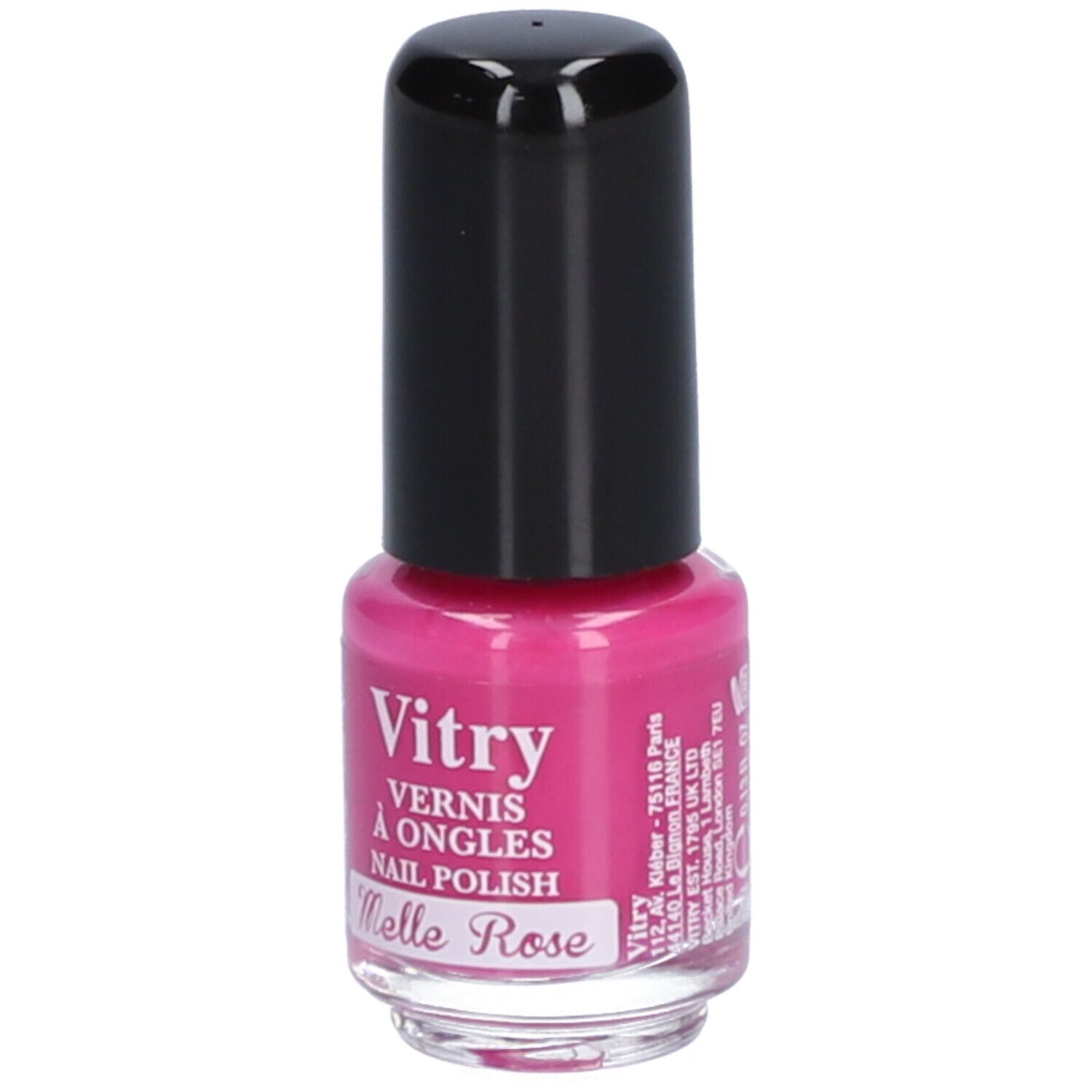 Flacon de vernis à ongles rose avec bouchon noir. Inscription : Vitry, Vernis à Ongles, Nail Polish, Melle Rose. Informations fabricant.