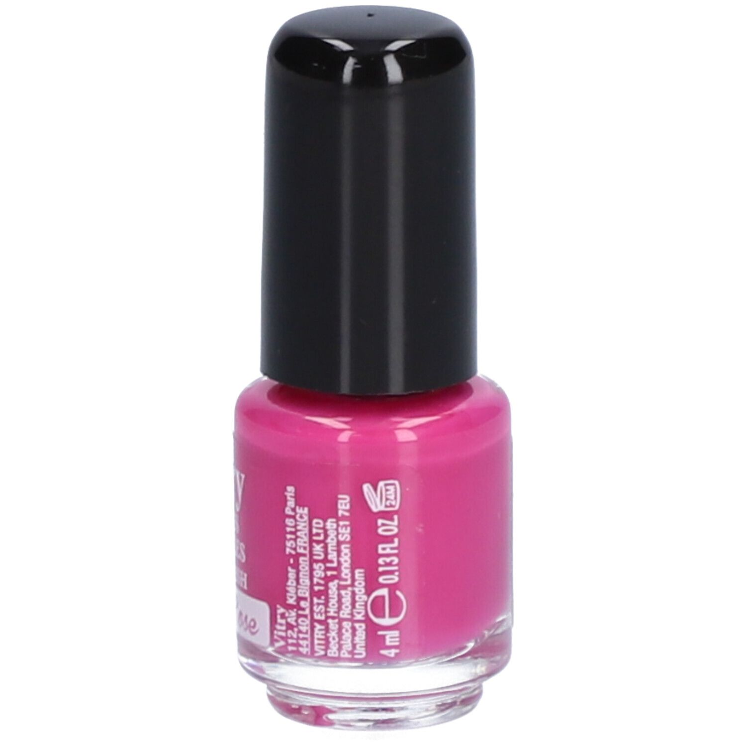 Flacon de vernis à ongles rose avec bouchon noir. Inscription : Vitry, Vernis à Ongles, Nail Polish, Melle Rose. Volume : 4 ml.