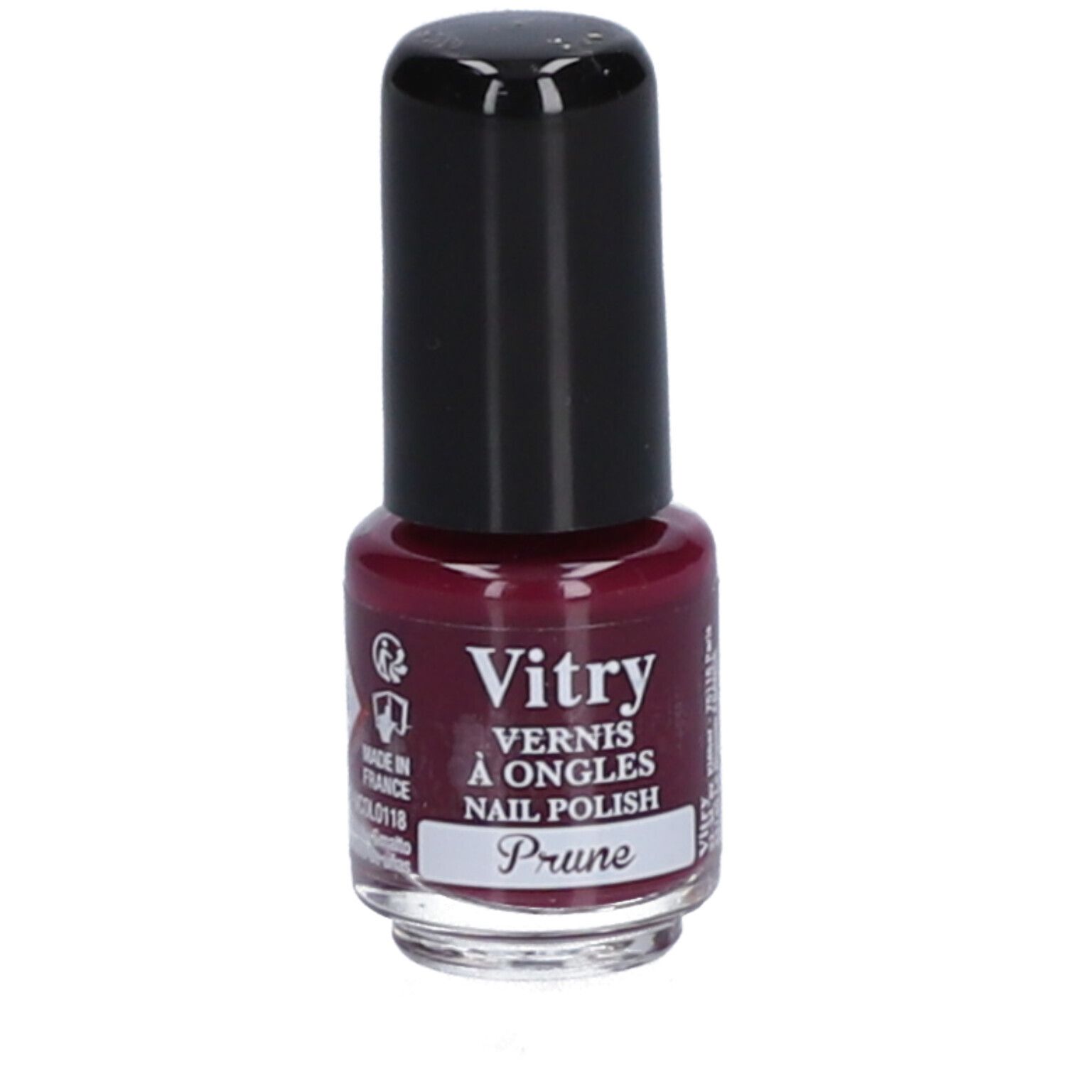 Vitry Mini Nagellack Pflaume. Flasche mit schwarzem Deckel. Aufschrift: Vitry, Vernis à Ongles, Nail Polish, Prune.