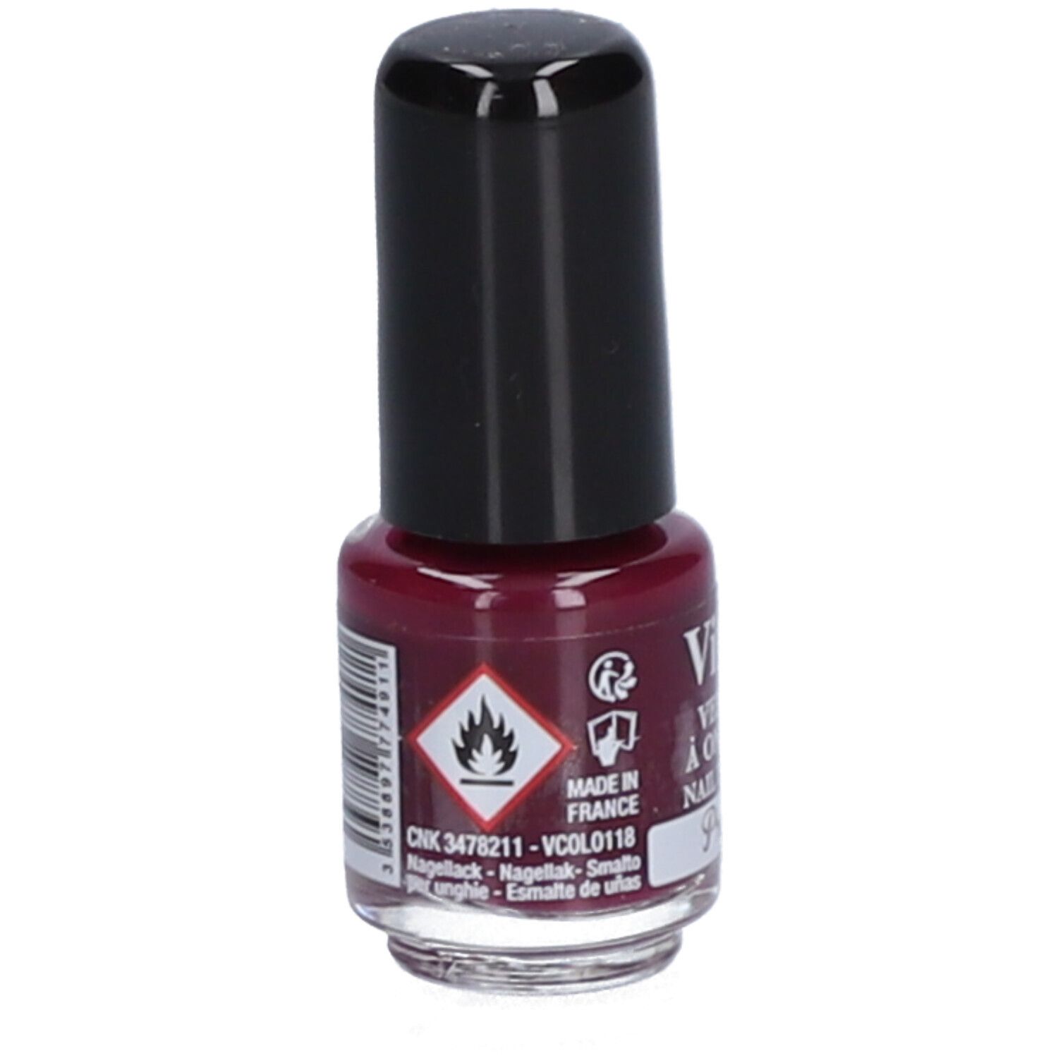 Vitry Mini Nagellack Pflaume. Rückseite der Flasche mit Warnsymbolen und Barcode. Hergestellt in Frankreich.