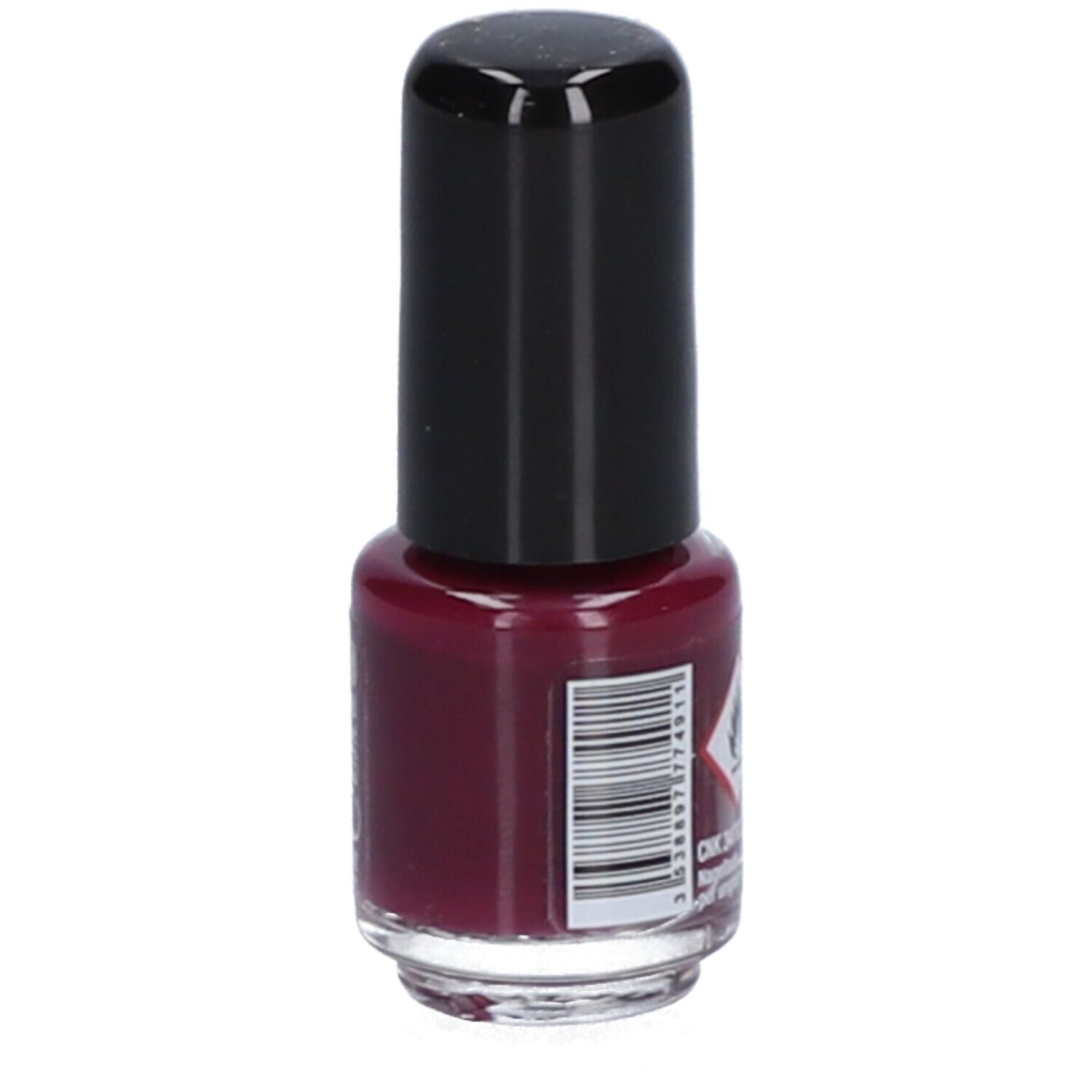Vitry Mini Nagellack Pflaume. Rückseite der Flasche mit Barcode und Warnsymbol.