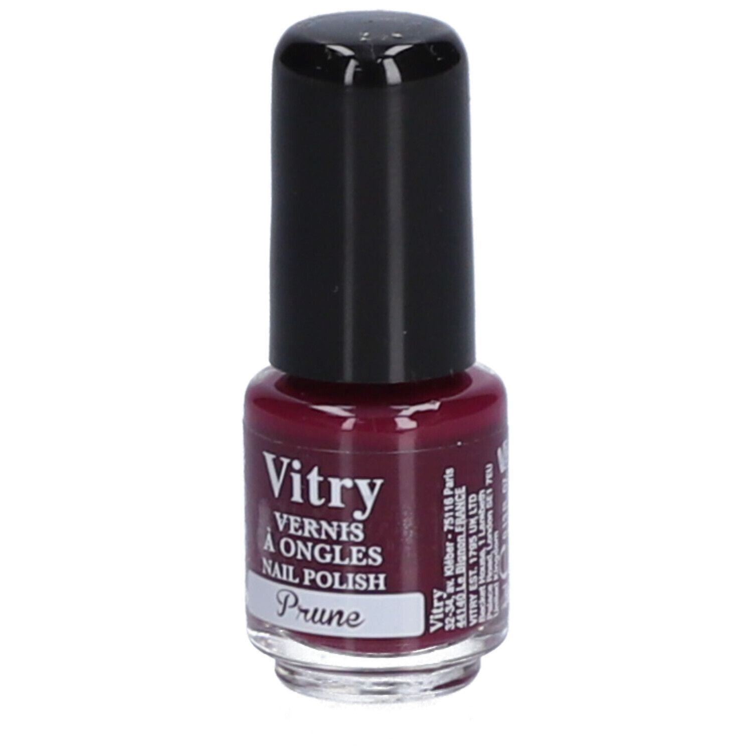 Vitry Mini Nagellack Pflaume. Flasche mit schwarzem Deckel. Aufschrift: Vitry, Vernis à Ongles, Nail Polish, Prune.