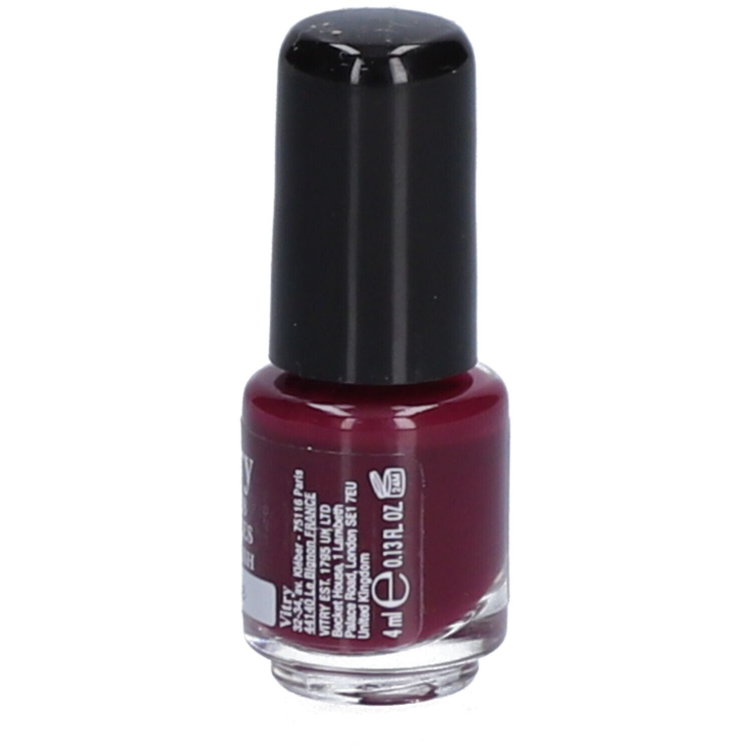Vitry Mini Nagellack Pflaume. Flasche mit schwarzem Deckel. Volumen: 4 ml. Aufschrift: 0.13 fl. oz.