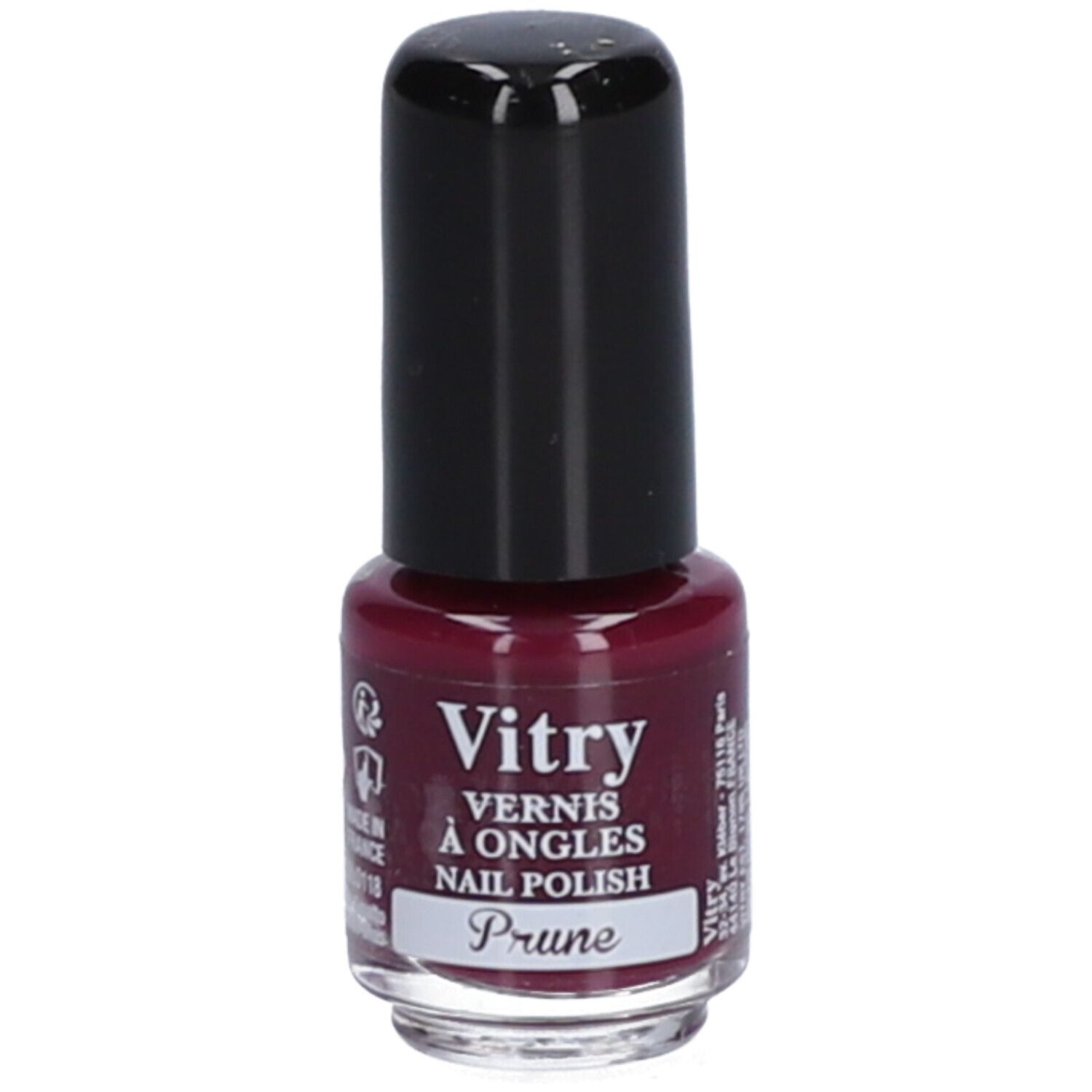 Vitry Mini Nagellack Pflaume. Flasche mit schwarzem Deckel. Aufschrift: Vitry, Vernis à Ongles, Nail Polish, Prune.