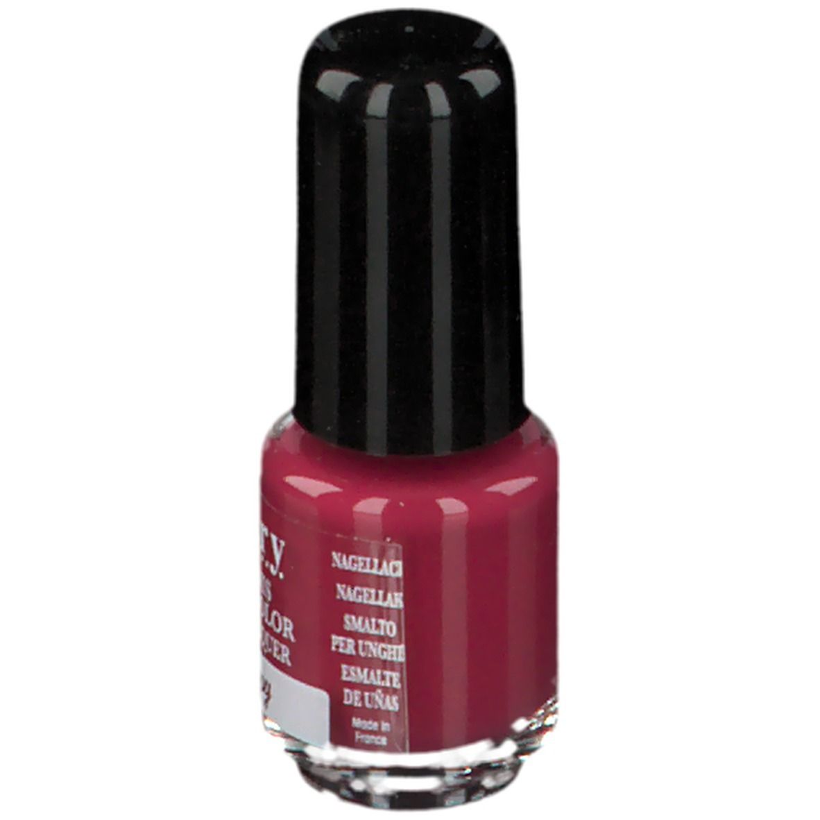 Nagellackflasche, rot. Schwarzer Deckel. Aufschrift: Vitry, Nagellack, Smalto per unghie, Esmalte de uñas. Farbton 117.