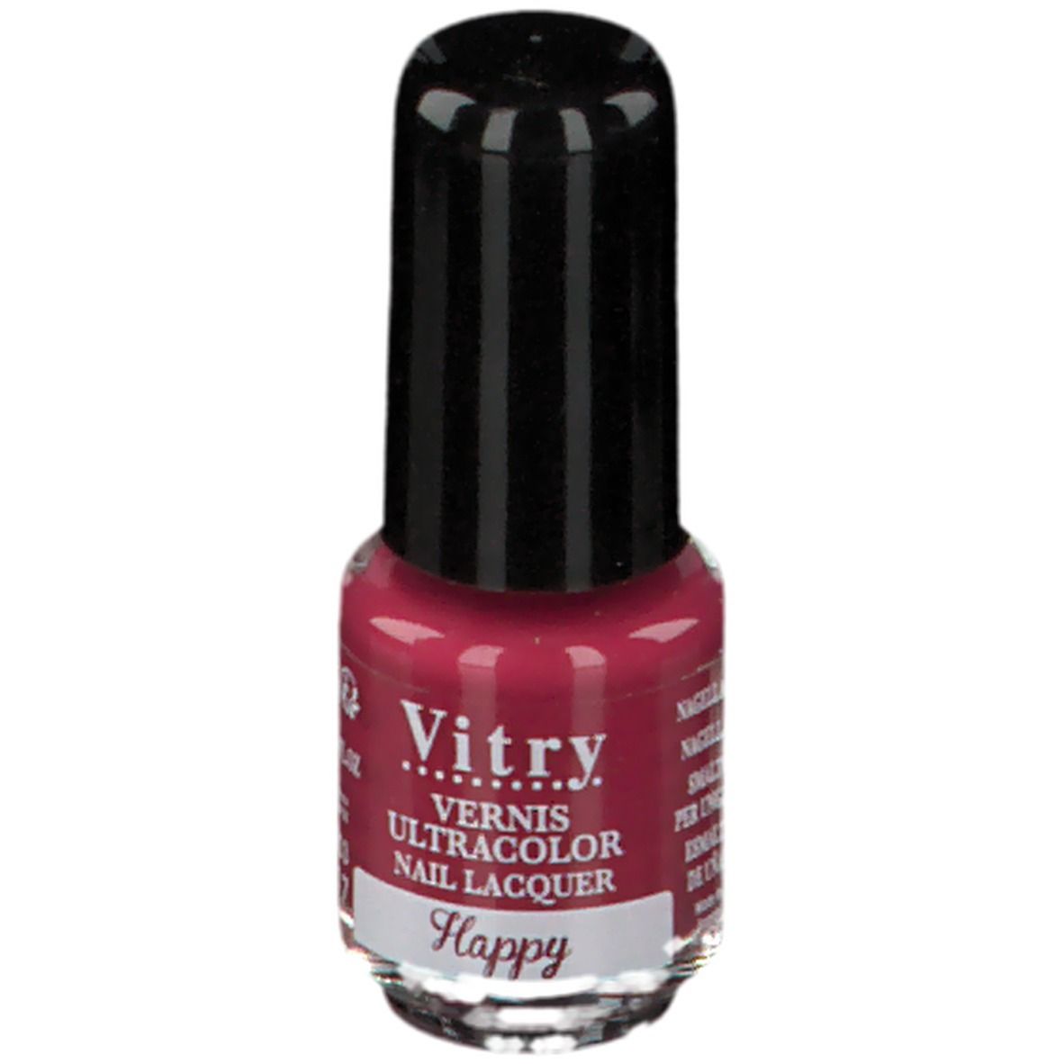 Nagellackflasche, rot. Schwarzer Deckel. Aufschrift: Vitry, Vernis Ultracolor Nail Lacquer, Happy. Farbton 117.