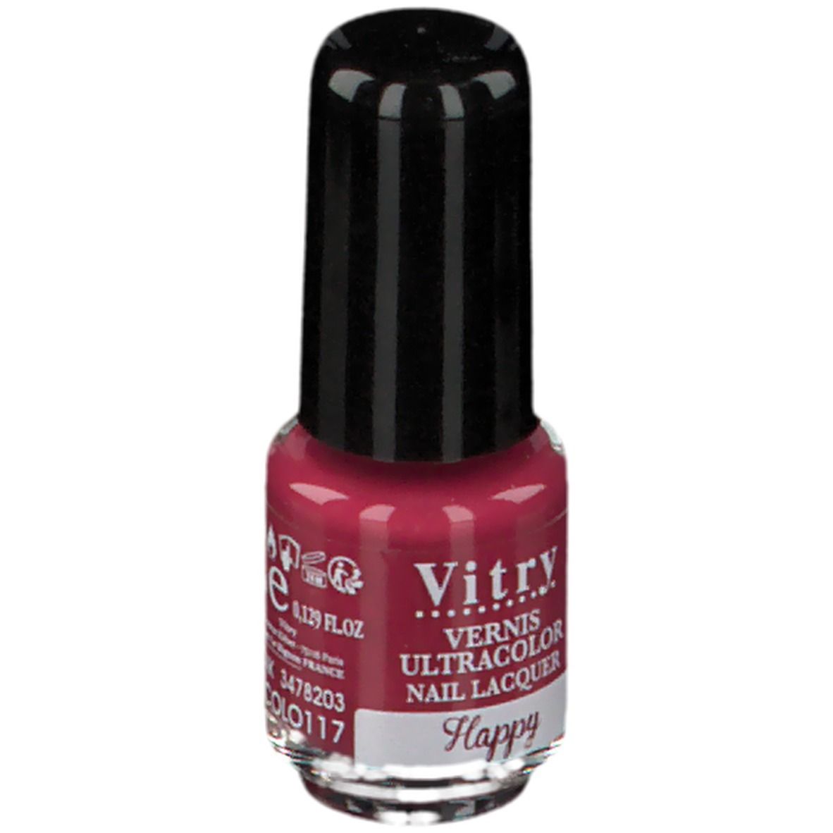 Nagellackflasche, rot. Schwarzer Deckel. Aufschrift: Vitry, Vernis Ultracolor Nail Lacquer, Happy. Farbton 117. Volumen 4ml.