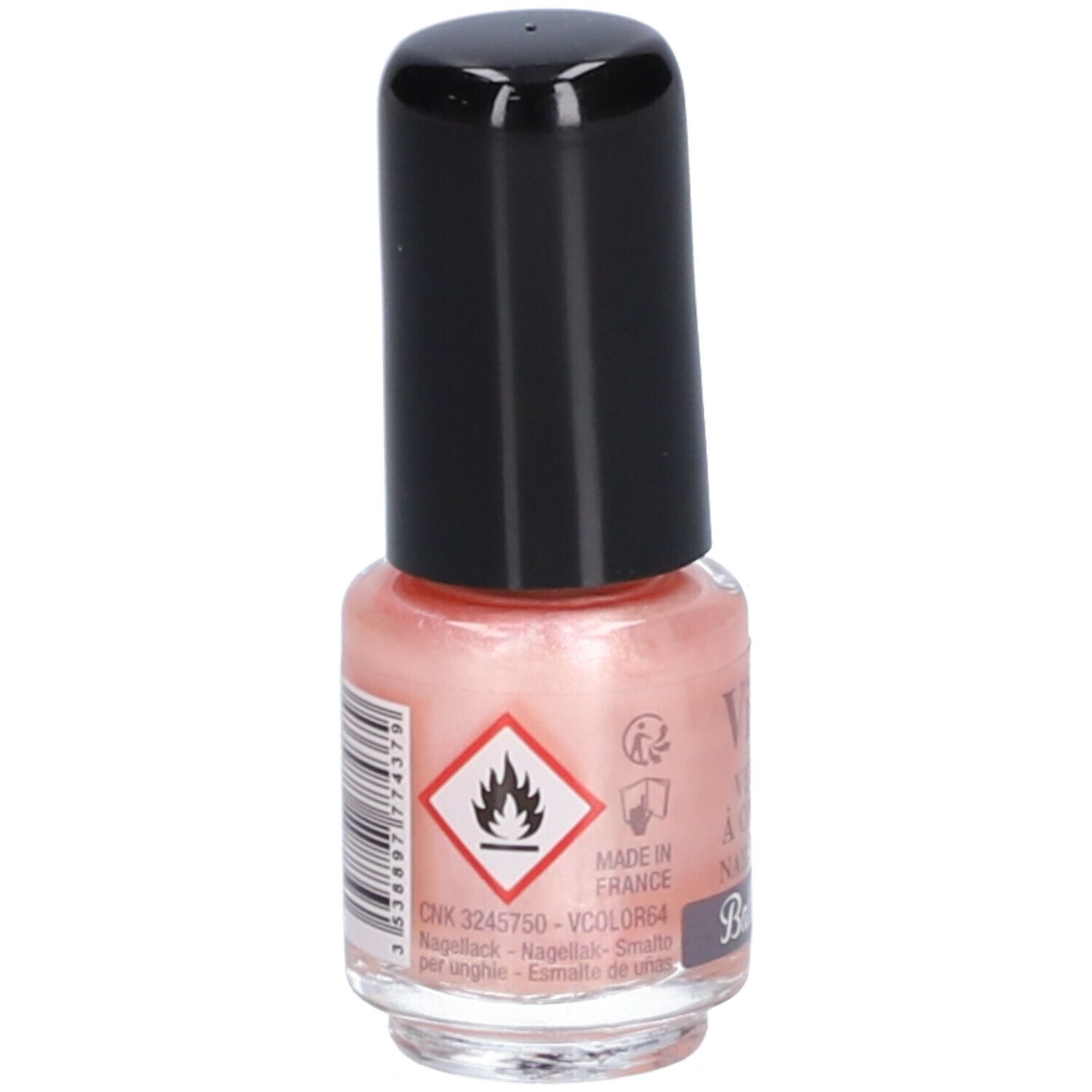 Flacon de vernis à ongles rose avec bouchon noir. Au dos : avertissement, code-barres, Made in France, Ballerine.