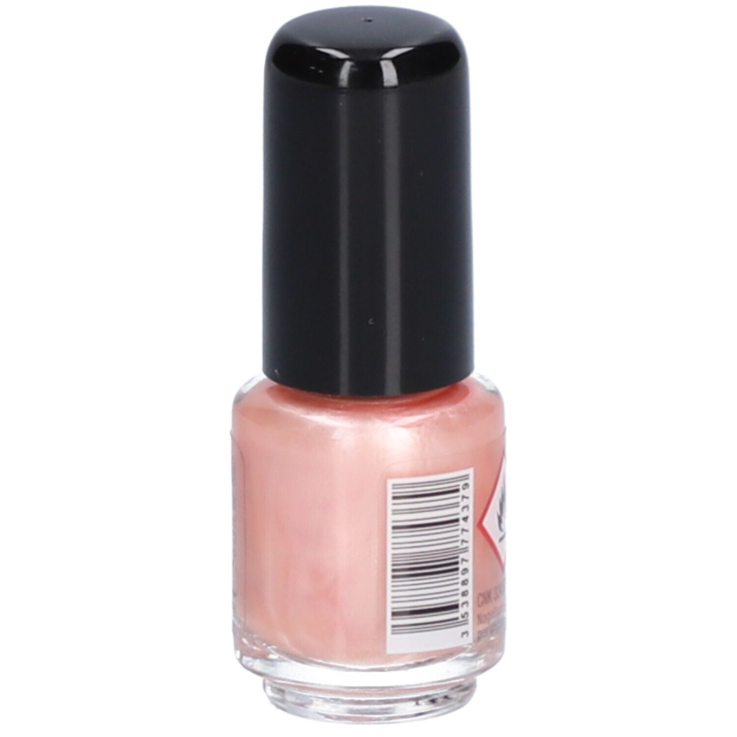Flacon de vernis à ongles rose avec bouchon noir. Arrière avec code-barres et avertissement.