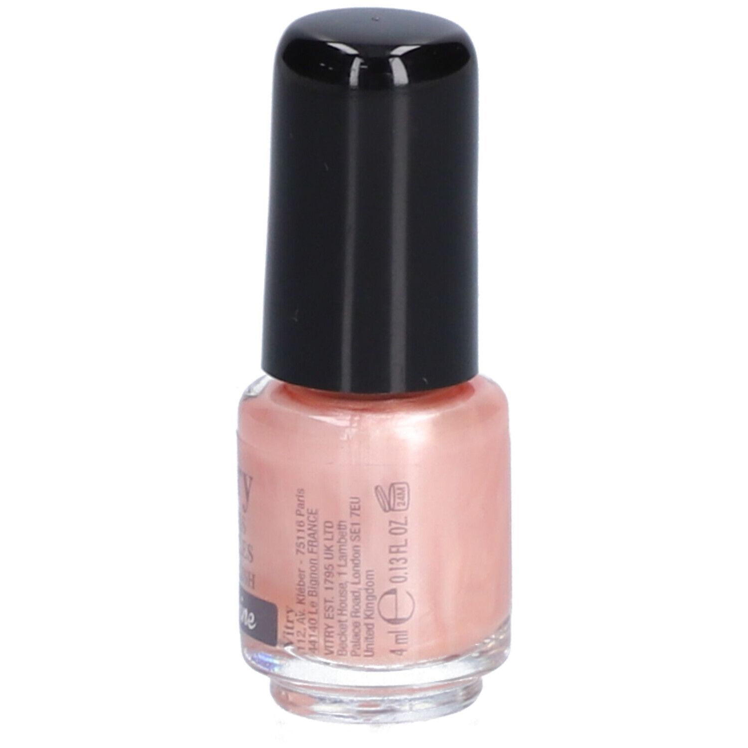 Flacon de vernis à ongles rose avec bouchon noir. Inscription : Vitry, 4 ml, 0.13 fl. oz.