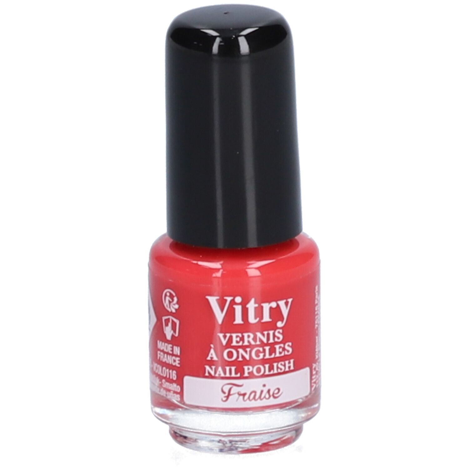 Nagellackflasche mit roter Flüssigkeit und schwarzem Deckel. Aufschrift: Vitry, Vernis à Ongles, Nail Polish, Fraise.