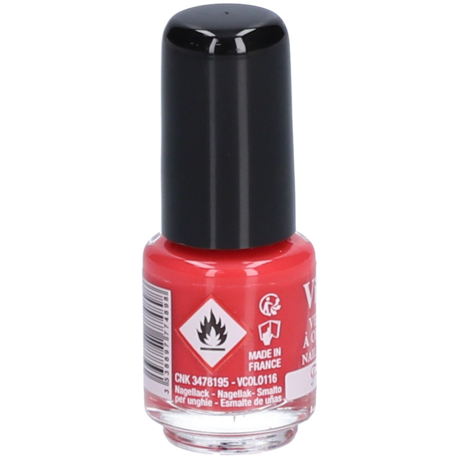 Rote Nagellackflasche mit schwarzem Deckel. Rückseite mit Warnsymbolen und Barcode. Aufschrift: Vitry, Vernis à Ongles.