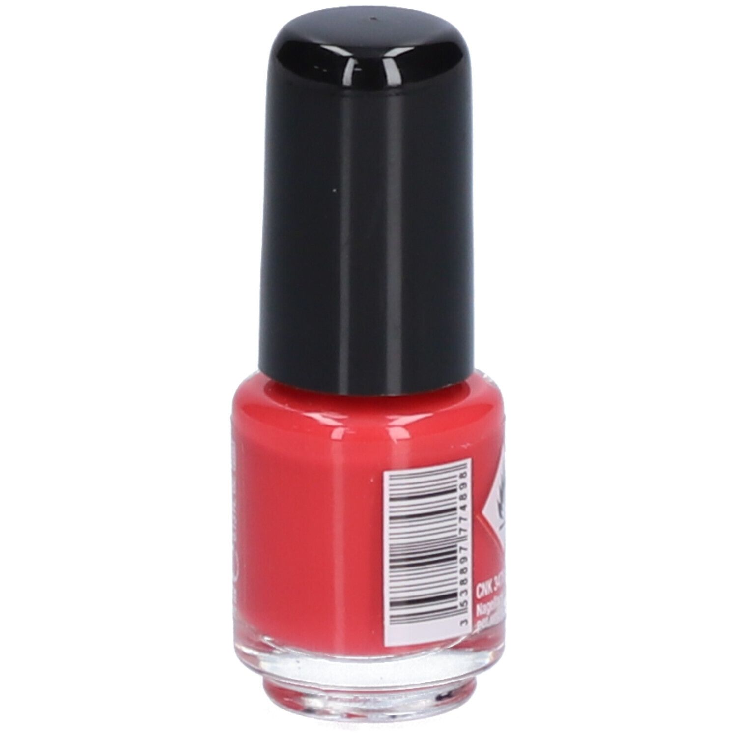 Rote Nagellackflasche mit schwarzem Deckel. Rückseite mit Barcode. Aufschrift: Vitry, Vernis à Ongles.