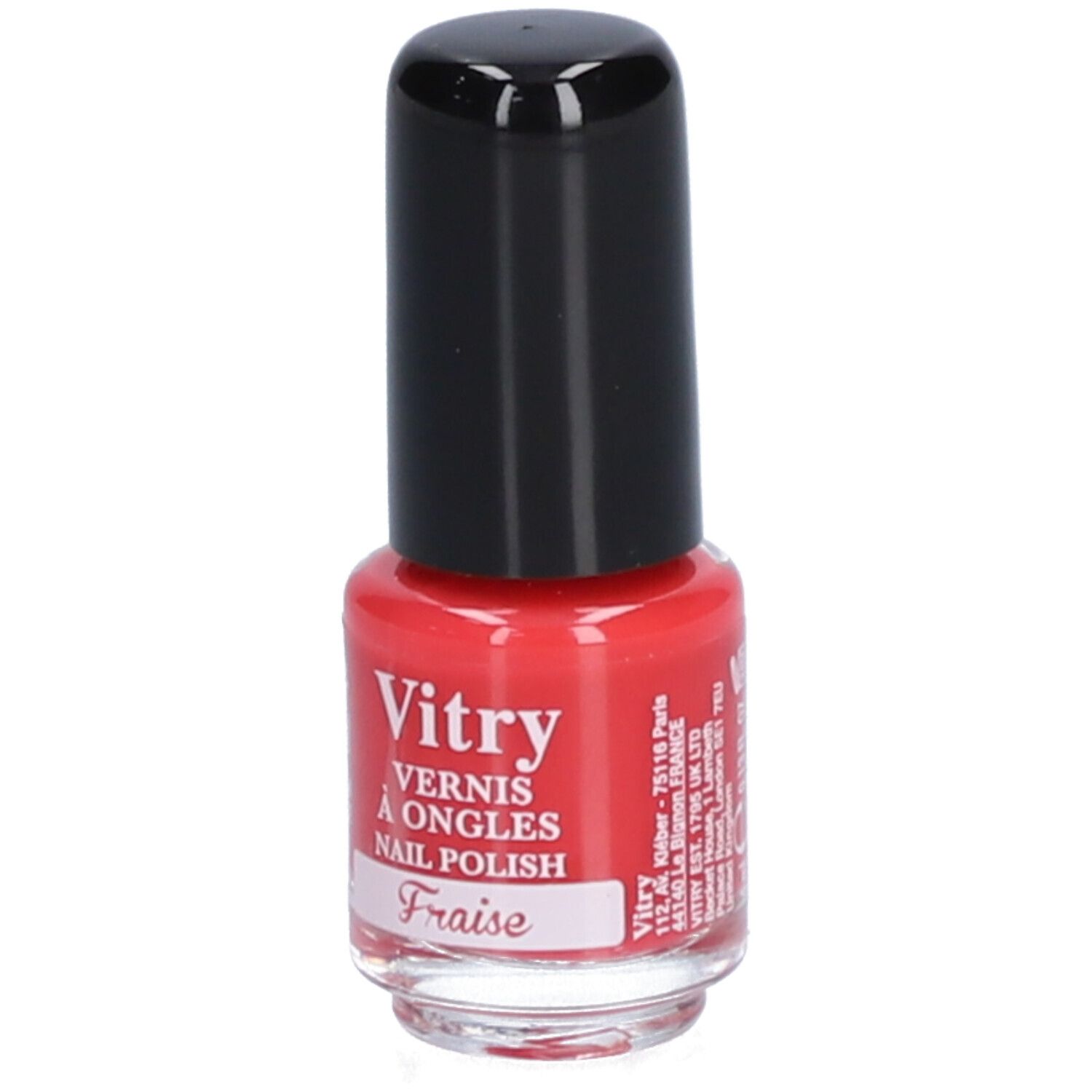 Nagellackflasche mit roter Flüssigkeit und schwarzem Deckel. Aufschrift: Vitry, Vernis à Ongles, Nail Polish, Fraise.