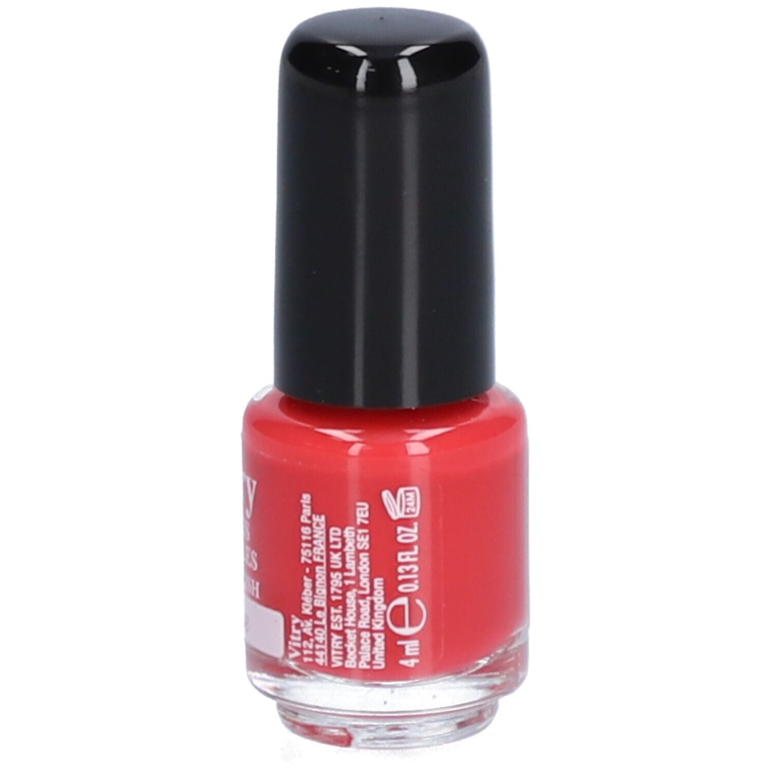 Rote Nagellackflasche mit schwarzem Deckel. Aufschrift: Vitry, Vernis à Ongles, Nail Polish, Fraise. Volumen: 4 ml.