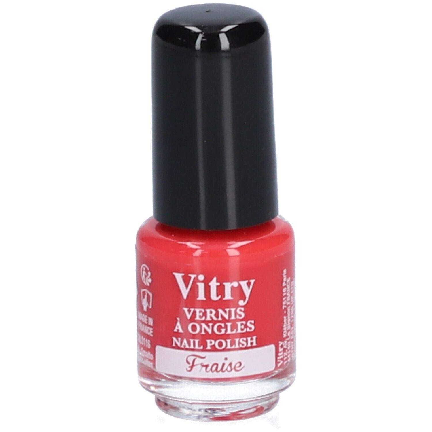Nagellackflasche mit roter Flüssigkeit und schwarzem Deckel. Aufschrift: Vitry, Vernis à Ongles, Nail Polish, Fraise.