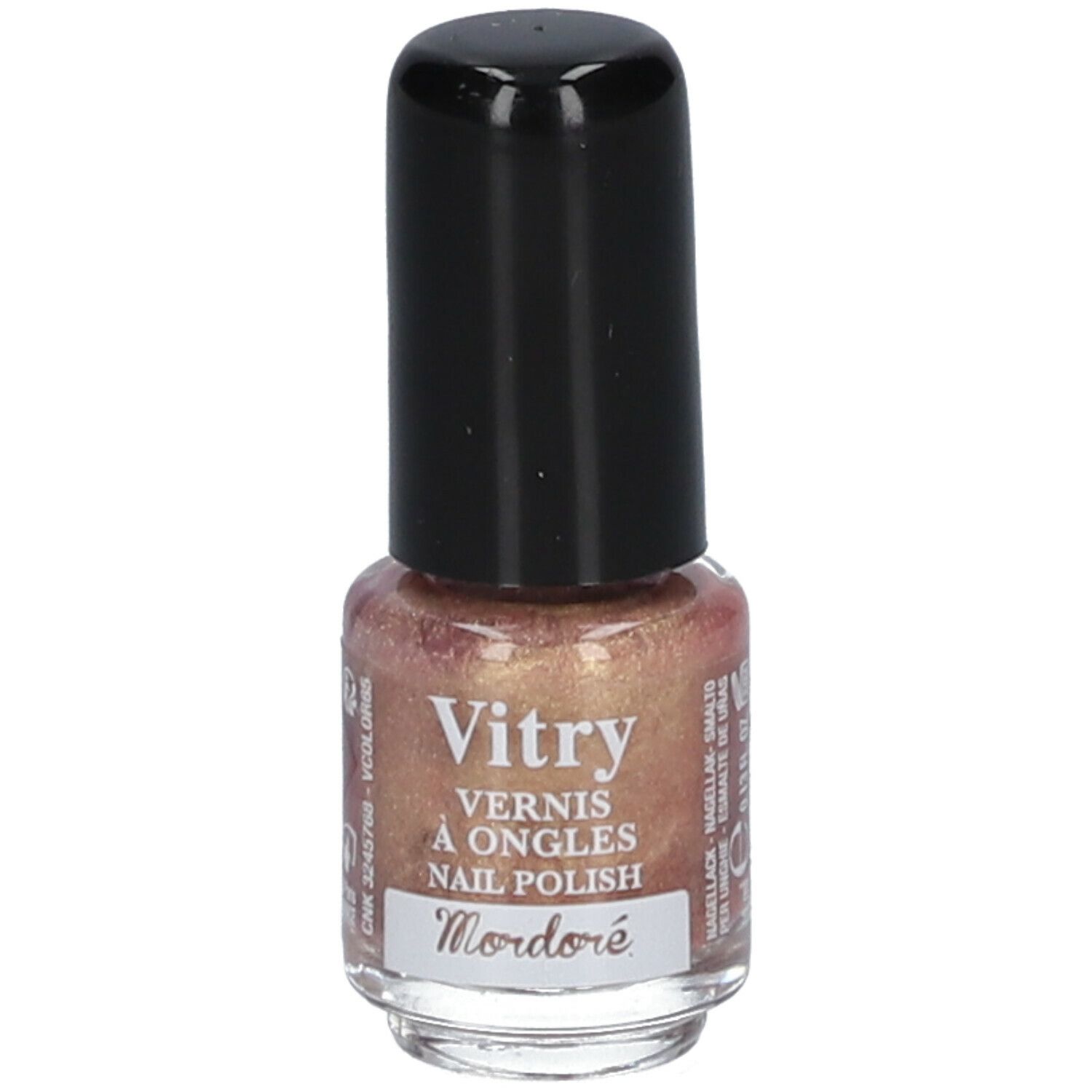 Flacon de vernis à ongles avec bouchon noir. Inscription : Vitry, Vernis à Ongles, Nail Polish, Mordoré.