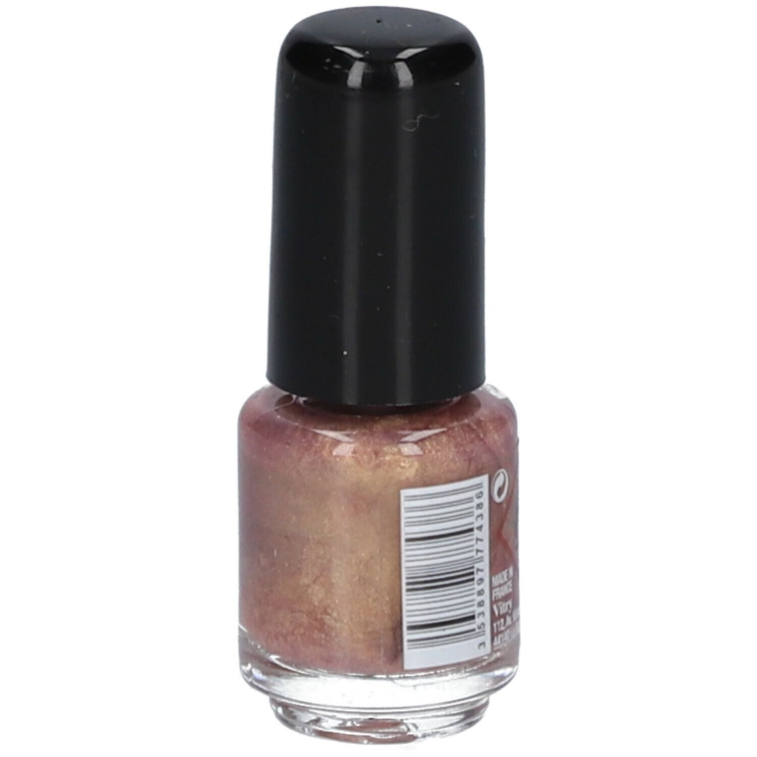 Flacon de vernis à ongles avec bouchon noir. Code-barres sur l'étiquette. Inscription : Vitry, Vernis à Ongles, Nail Polish.