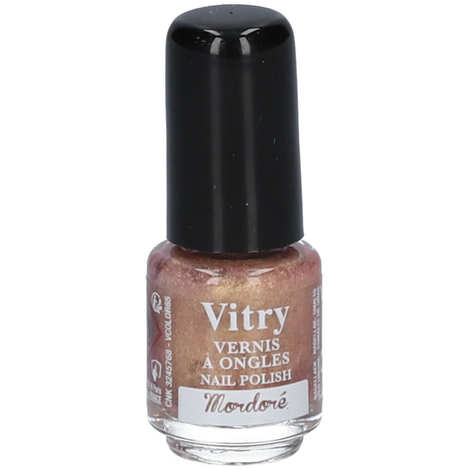 Flacon de vernis à ongles avec bouchon noir. Inscription : Vitry, Vernis à Ongles, Nail Polish, Mordoré.
