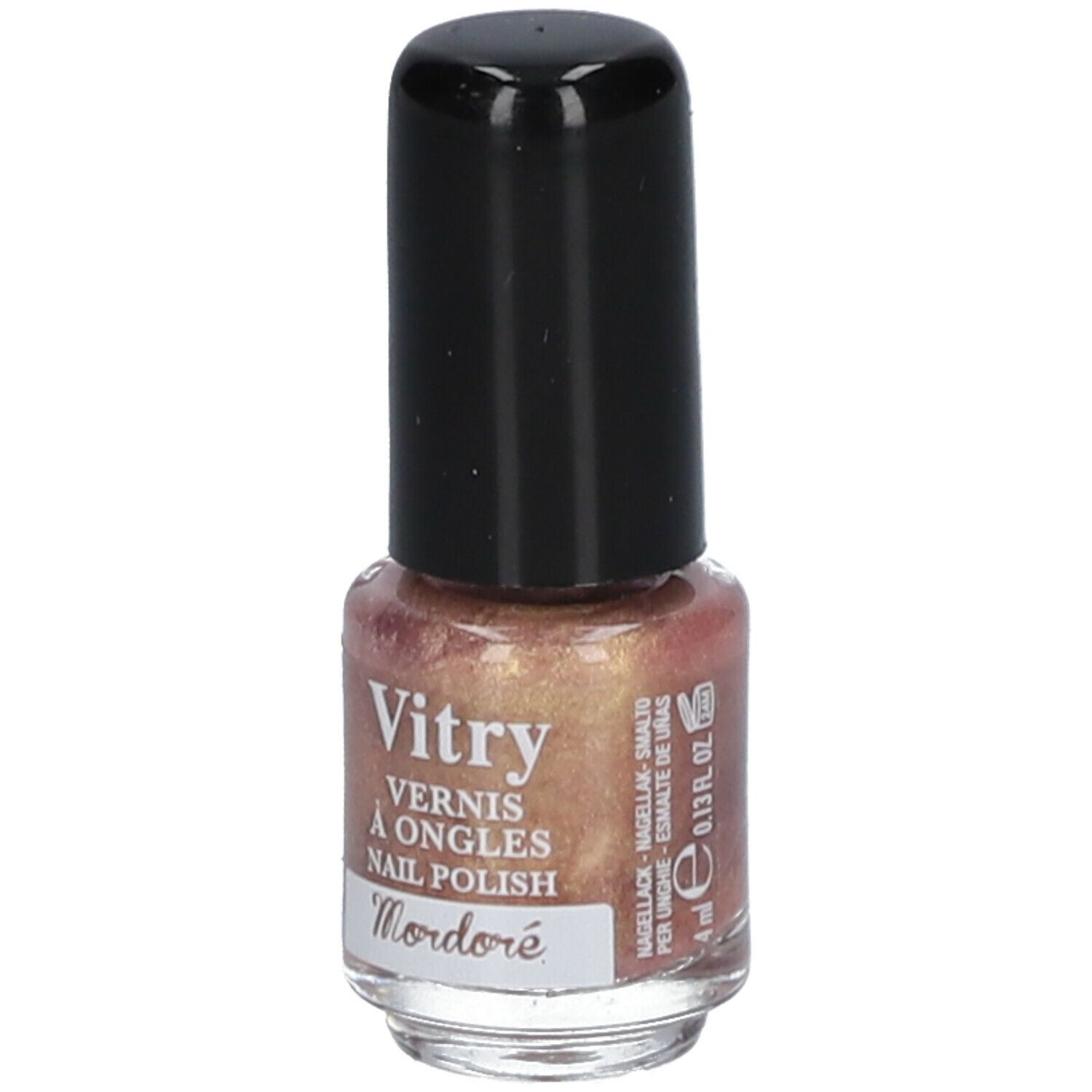 Flacon de vernis à ongles avec bouchon noir. Inscription : Vitry, Vernis à Ongles, Nail Polish, Mordoré. Volume : 4 ml.