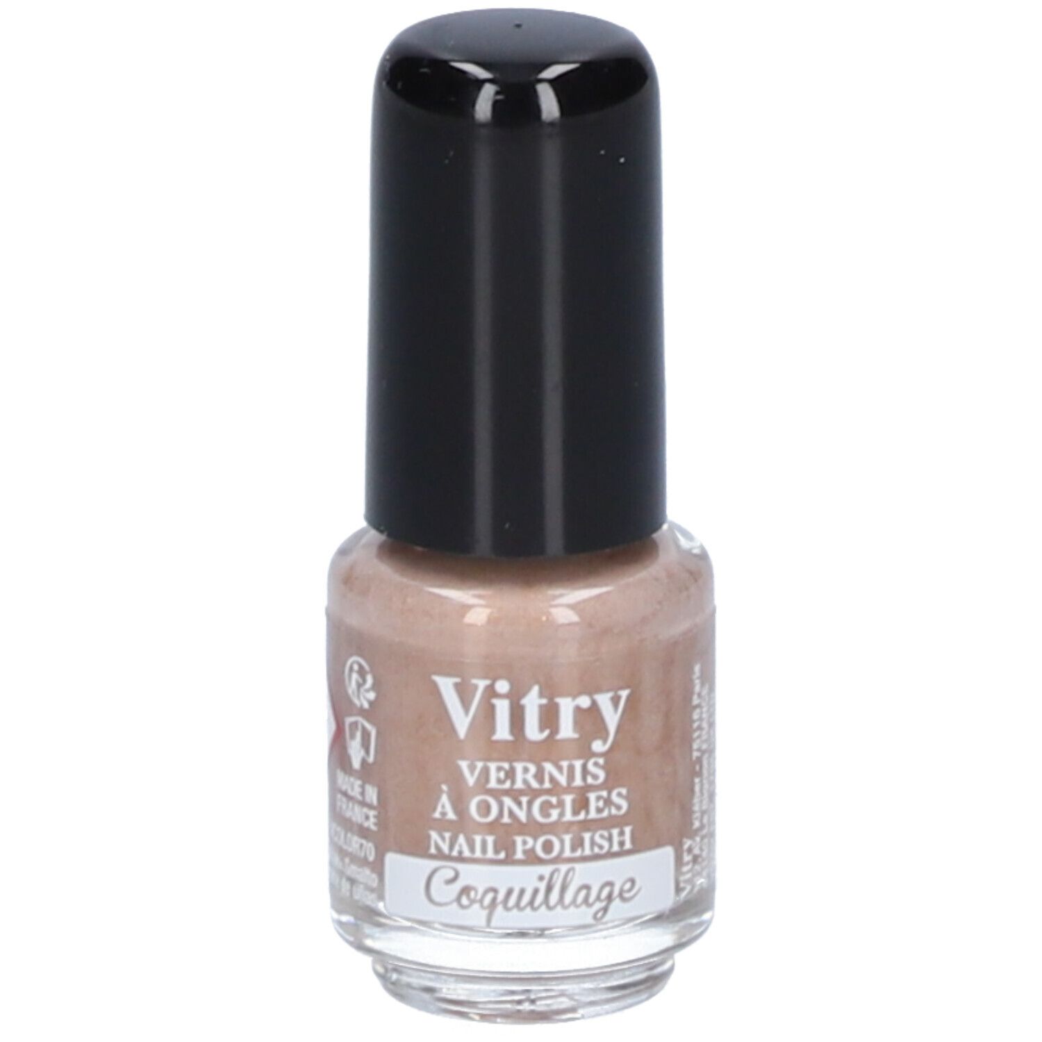 Nagellackflasche mit schwarzem Deckel. Aufschrift: Vitry, Vernis à Ongles, Nail Polish, Coquillage.