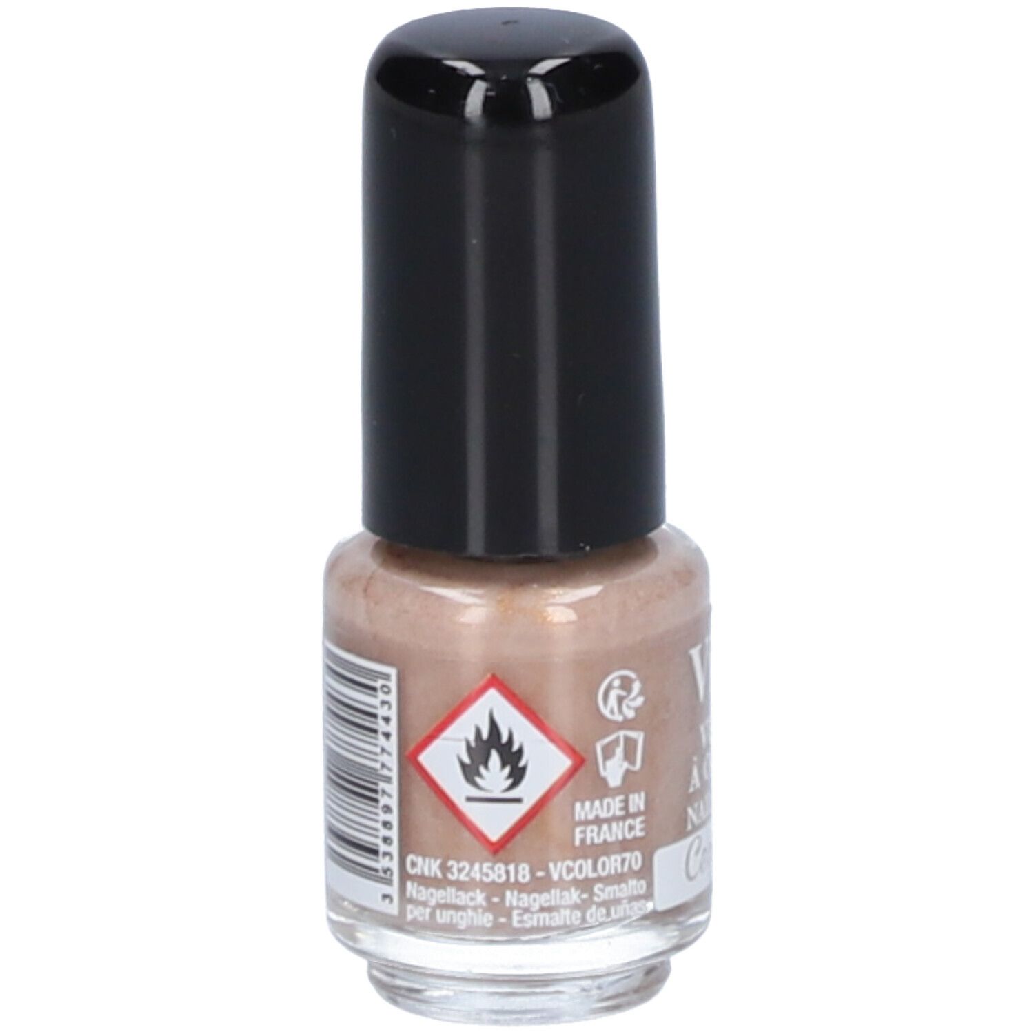 Nagellackflasche mit schwarzem Deckel. Aufschrift: Vitry, Vernis à Ongles, Nail Polish. Gefahrensymbol.