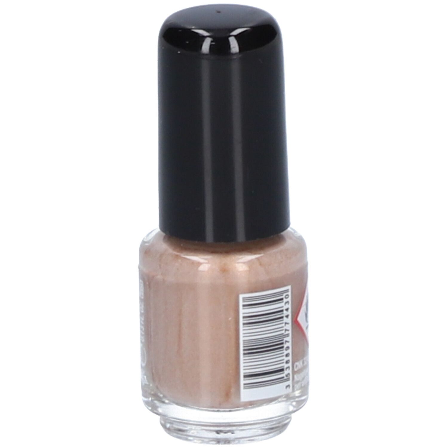 Nagellackflasche mit schwarzem Deckel. Barcode und Gefahrensymbol. Aufschrift: Vitry, Vernis à Ongles, Nail Polish.