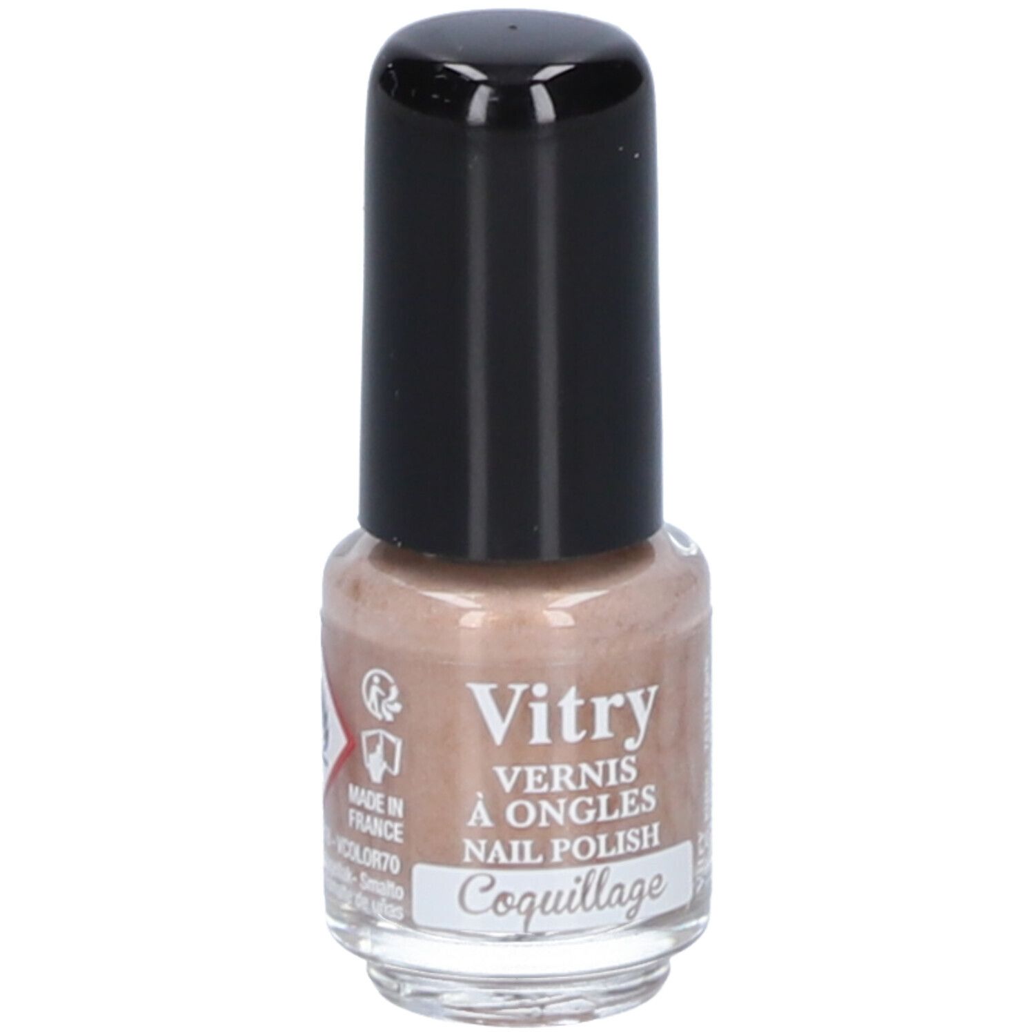 Nagellackflasche mit schwarzem Deckel. Aufschrift: Vitry, Vernis à Ongles, Nail Polish, Coquillage.