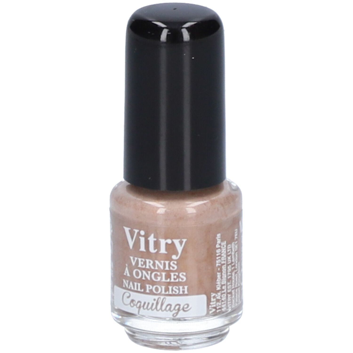 Nagellackflasche mit schwarzem Deckel. Aufschrift: Vitry, Vernis à Ongles, Nail Polish, Coquillage. Adressangaben.