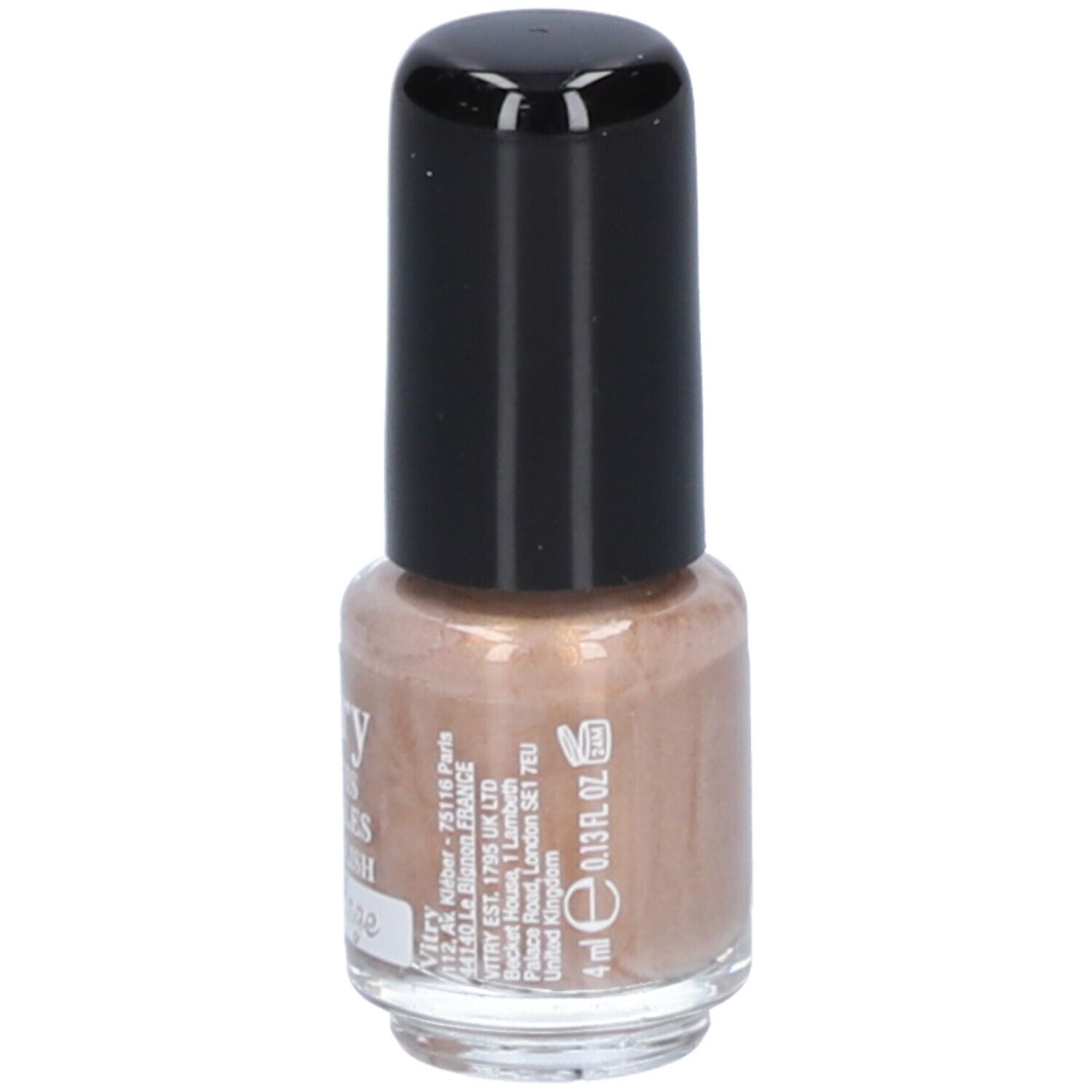 Nagellackflasche mit schwarzem Deckel. Aufschrift: Vitry, Vernis à Ongles, Nail Polish, 4 ml, 0.13 fl. oz.