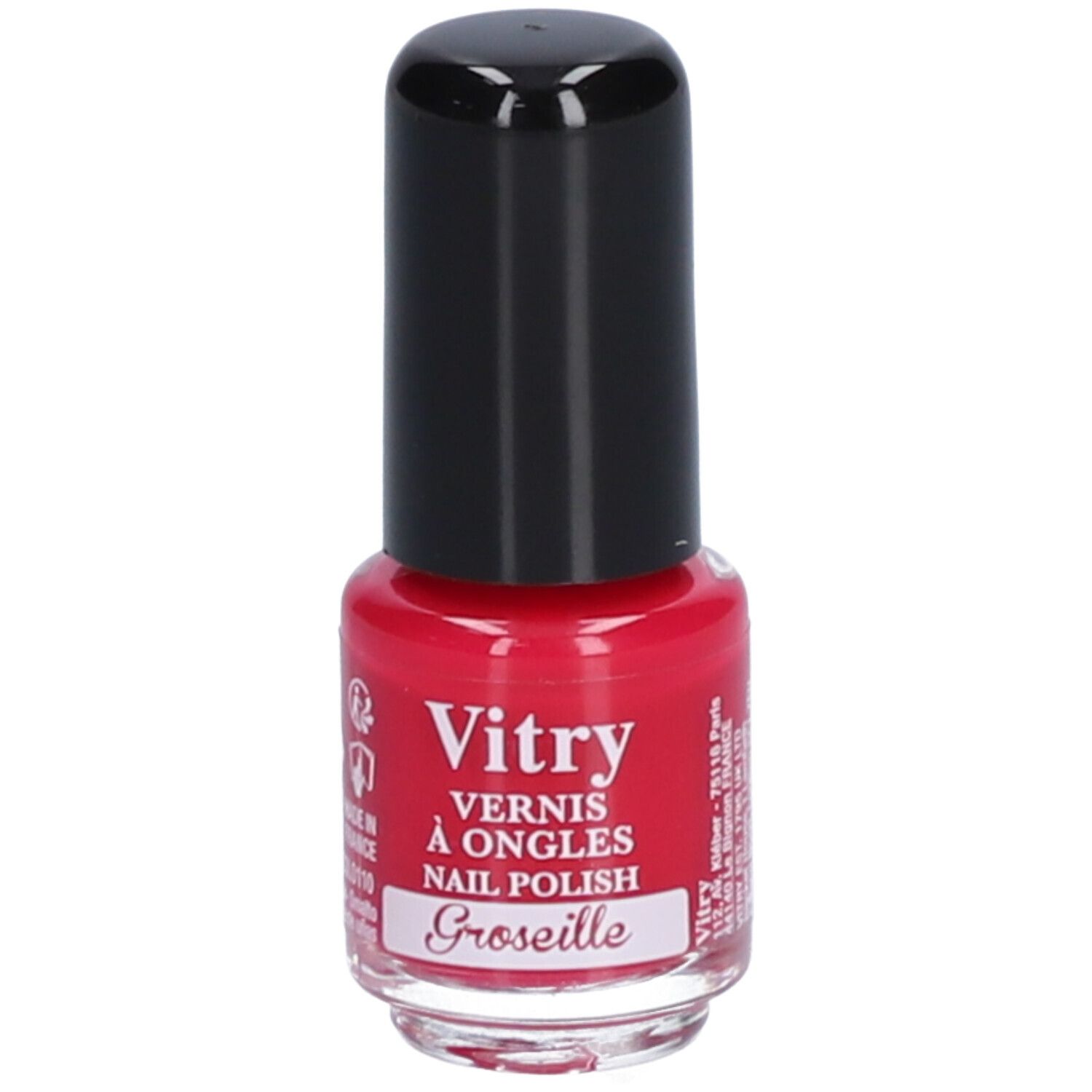 Rode nagellakfles met zwarte dop. Opschrift: Vitry, Vernis à Ongles, Nail Polish, Groseille.