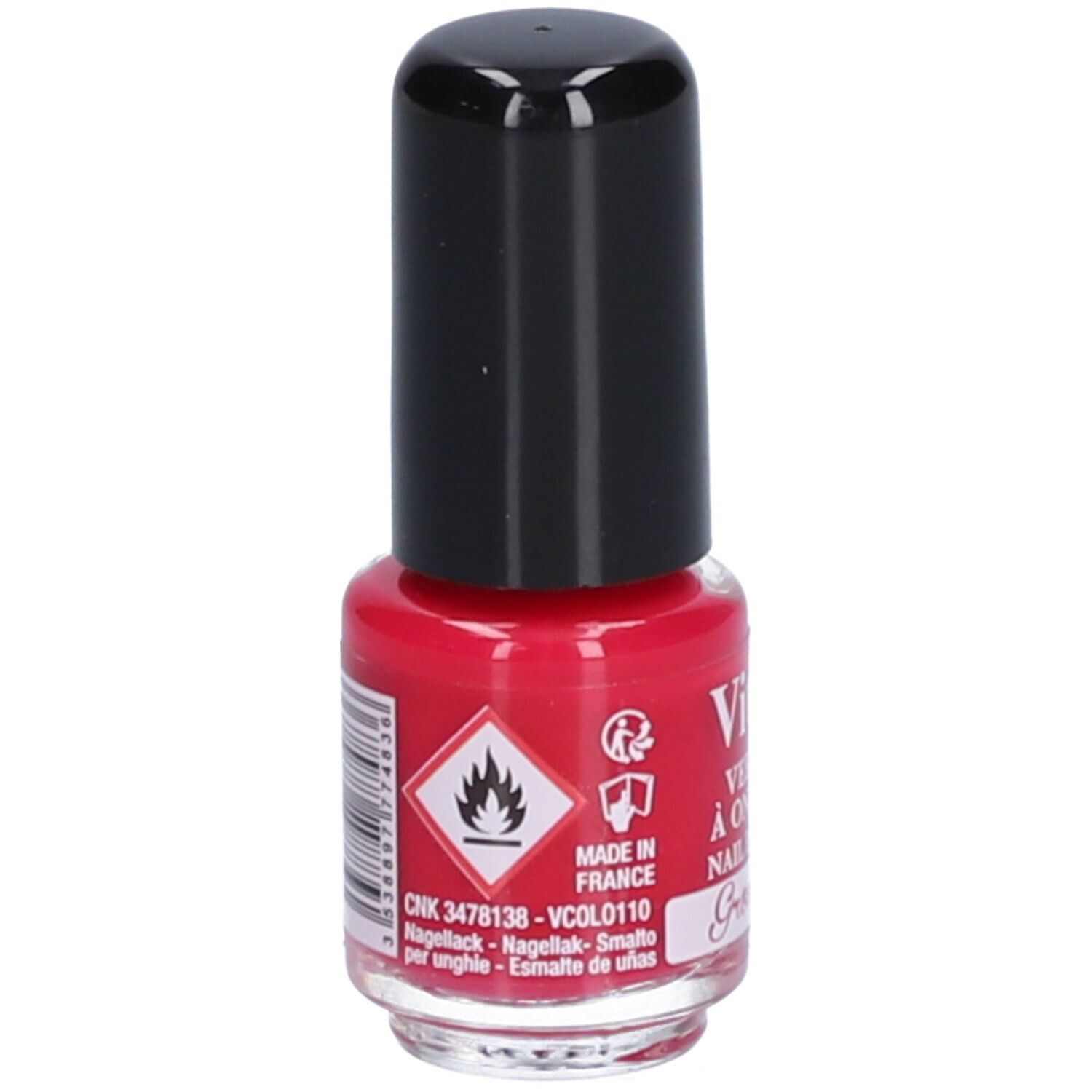 Rode nagellakfles met zwarte dop. Afdrukken: vlammensymbool, Made in France, CNK-code, VCOL0110.