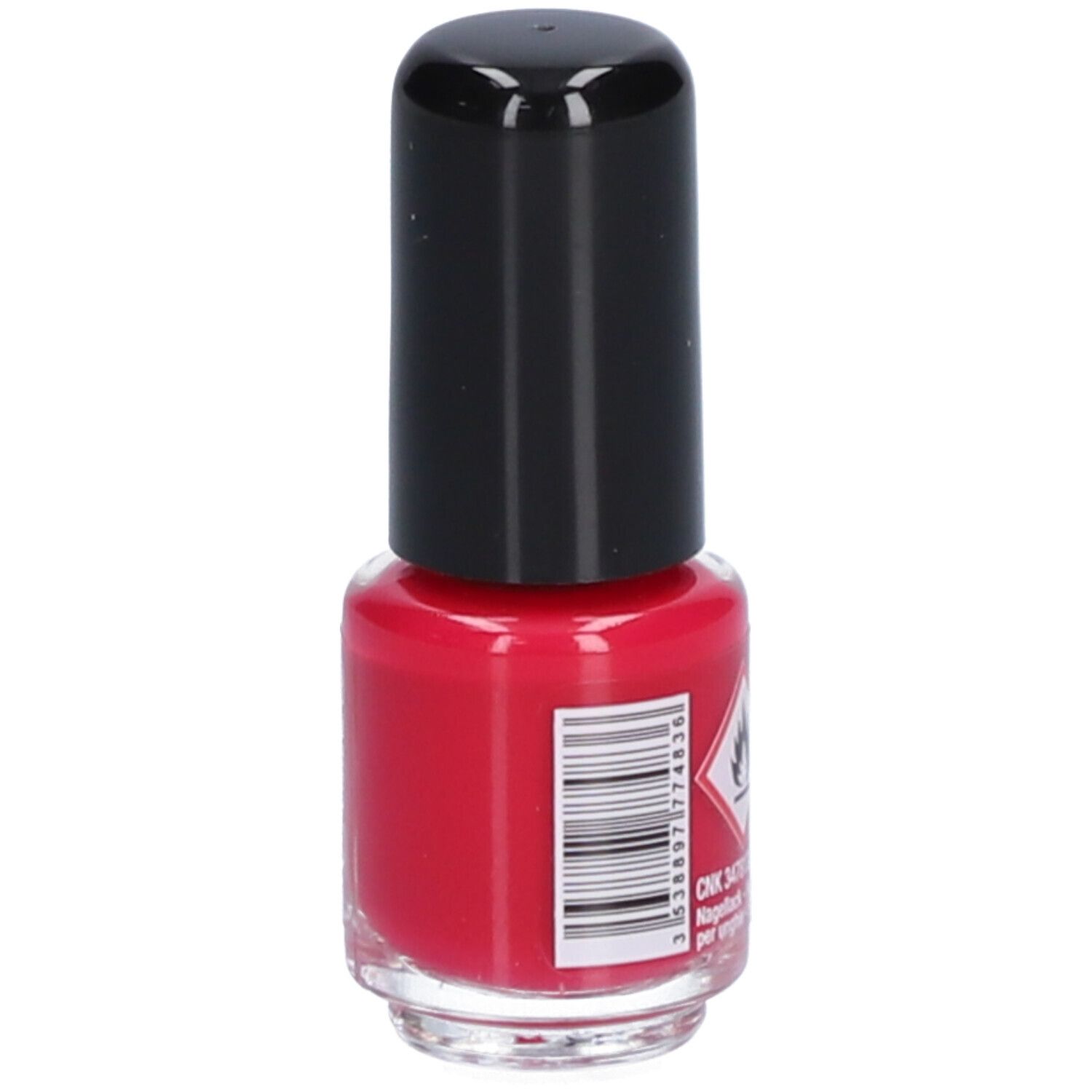 Rode nagellakfles met zwarte dop. Afdrukken: streepjescode, CNK-code, Nagellack-Smalto per unghie-Esmalte de uñas.