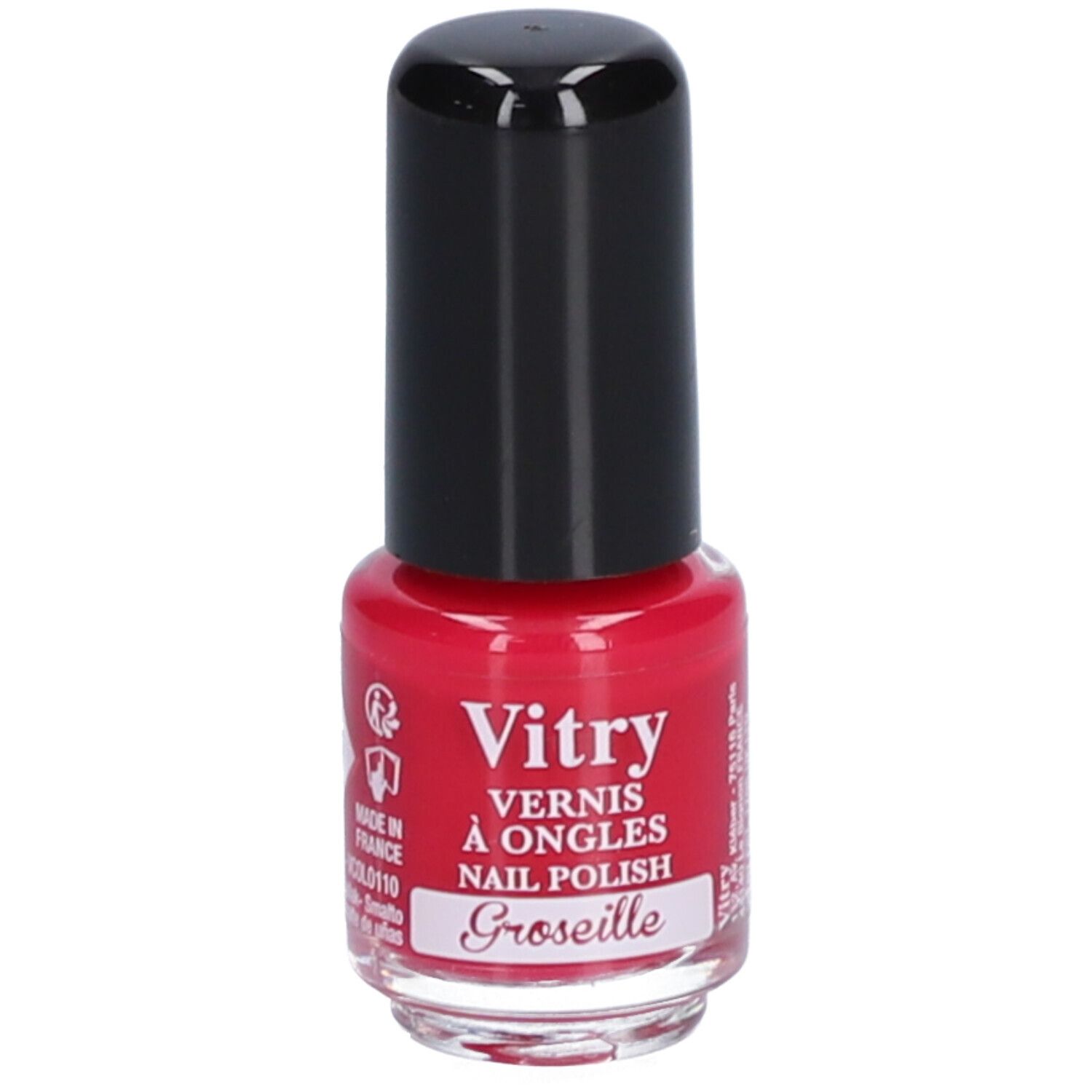 Rode nagellakfles met zwarte dop. Opschrift: Vitry, Vernis à Ongles, Nail Polish, Groseille.