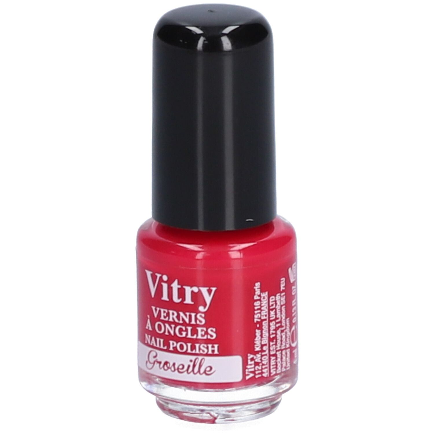Rode nagellakfles met zwarte dop. Opschrift: Vitry, Vernis à Ongles, Nail Polish, Groseille.