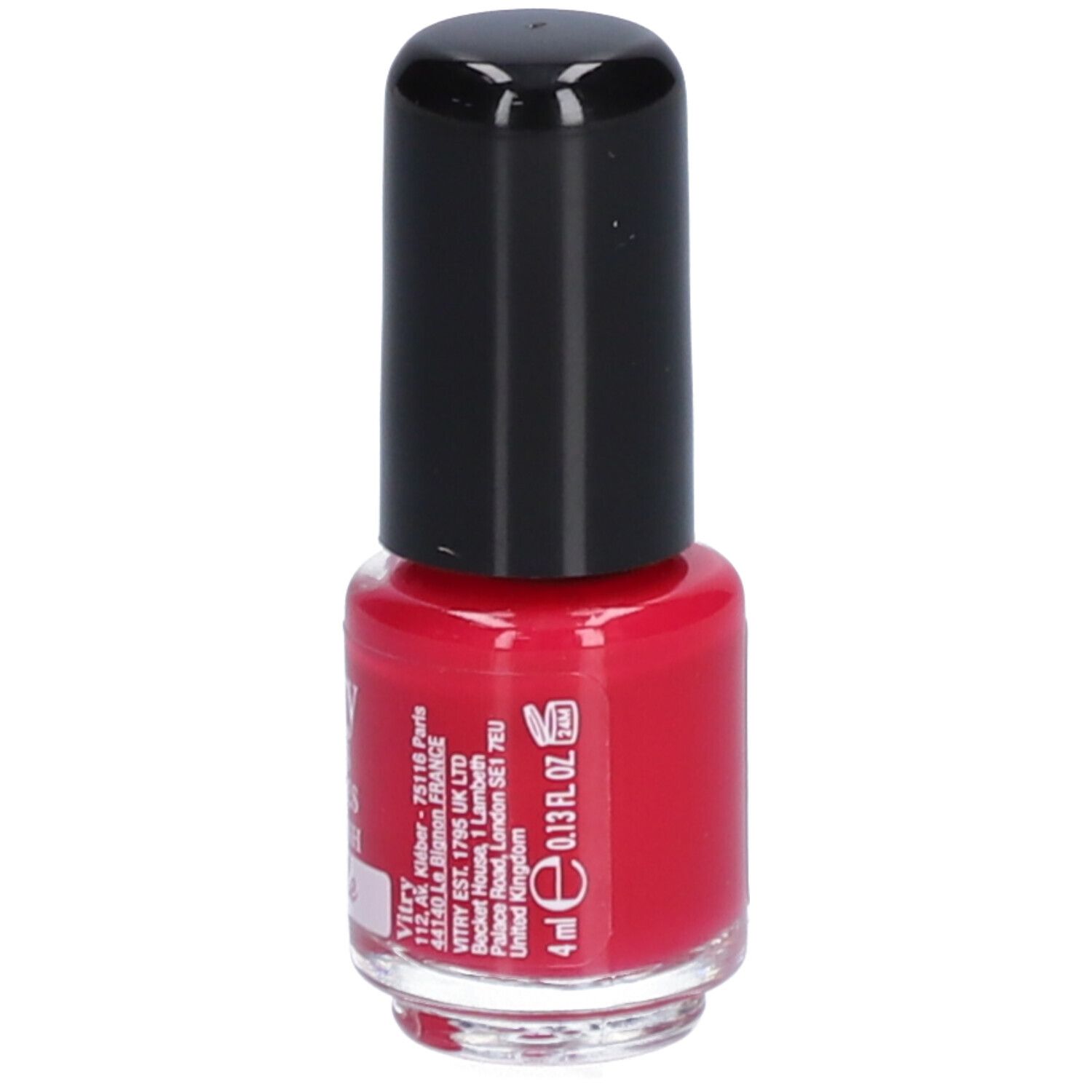 Rode nagellakfles met zwarte dop. Afdrukken: 4 ml, 0,13 fl oz, Vitry-adres, Made in France.