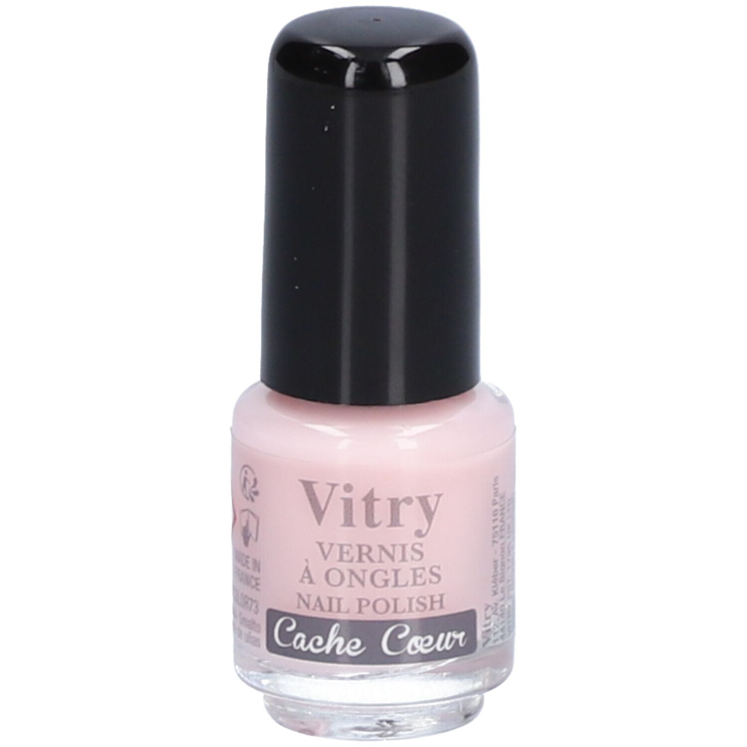 Flacon de vernis à ongles avec bouchon noir. Inscription : Vitry, Vernis à Ongles, Nail Polish, Cache Coeur. Teinte rose.