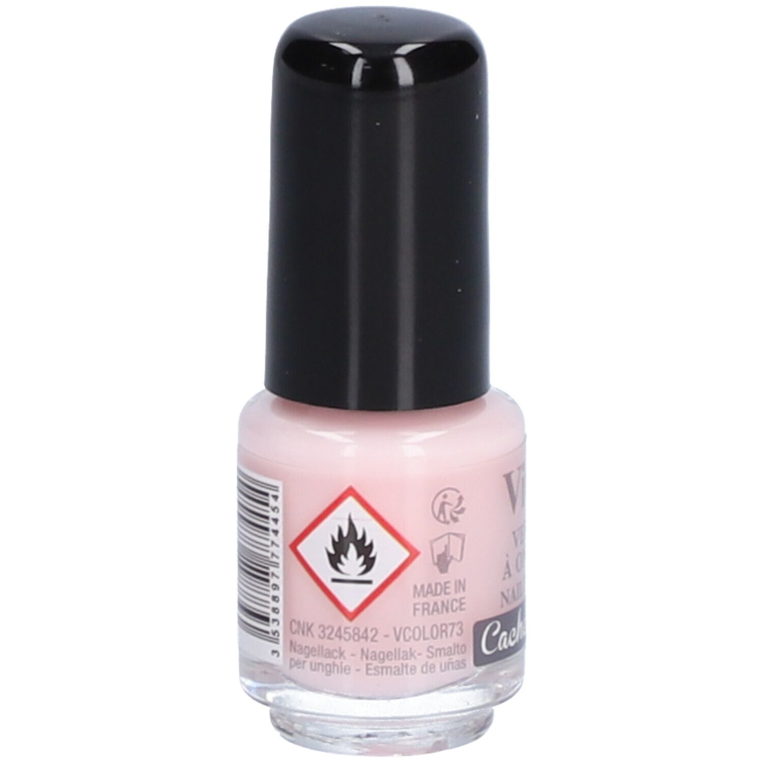Flacon de vernis à ongles avec bouchon noir. Inscription : Vitry, Vernis à Ongles, Nail Polish, Cache Coeur. Teinte rose. Symbole de danger.