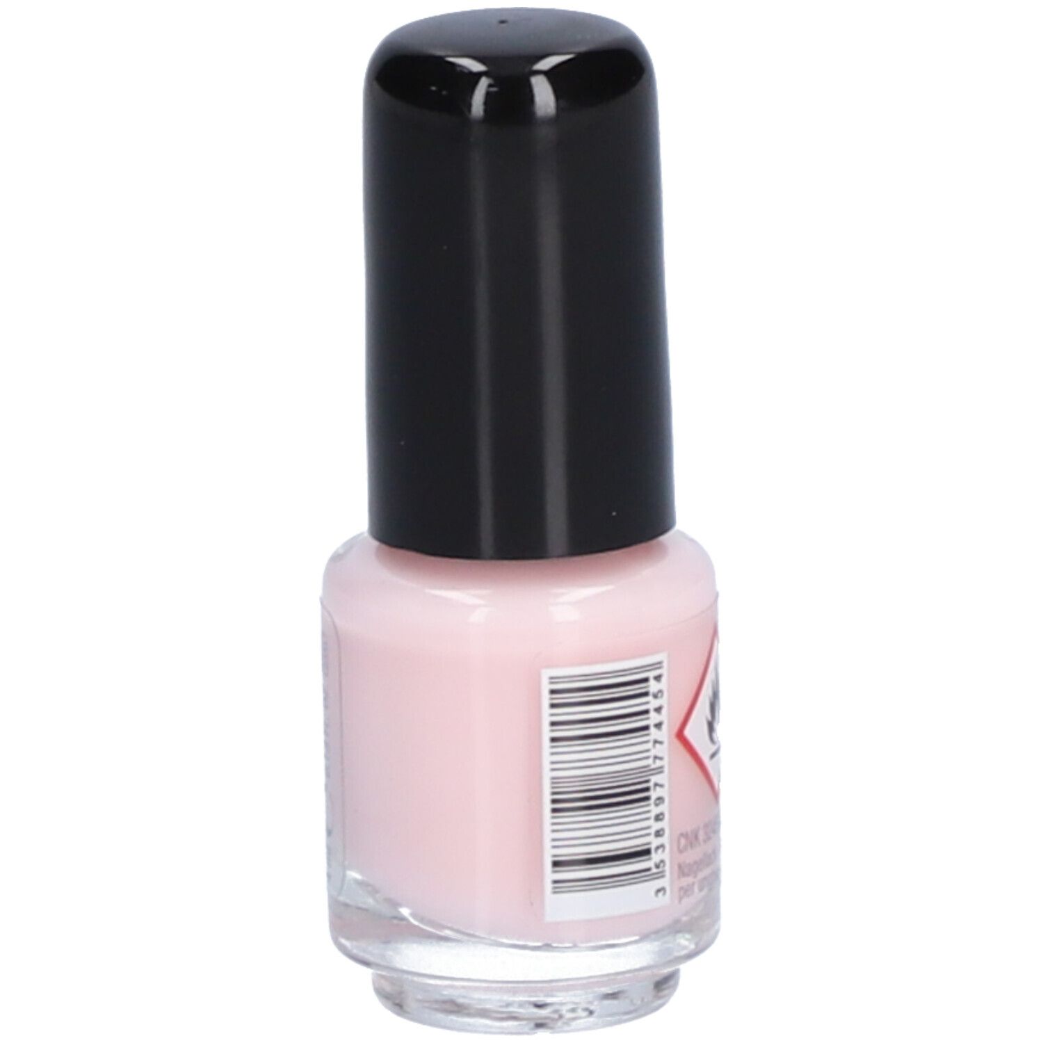 Flacon de vernis à ongles avec bouchon noir. Teinte rose. Code-barres et symbole de danger. Vue arrière.