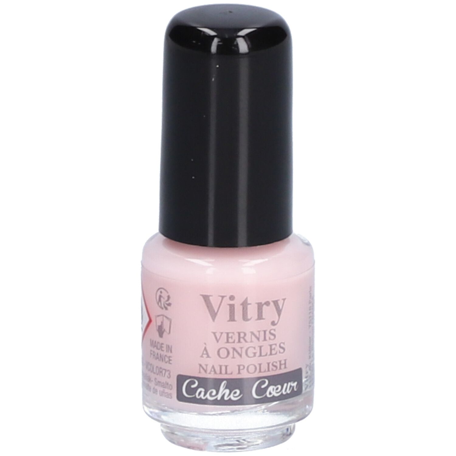 Flacon de vernis à ongles avec bouchon noir. Inscription : Vitry, Vernis à Ongles, Nail Polish, Cache Coeur. Teinte rose. Pays d'origine.