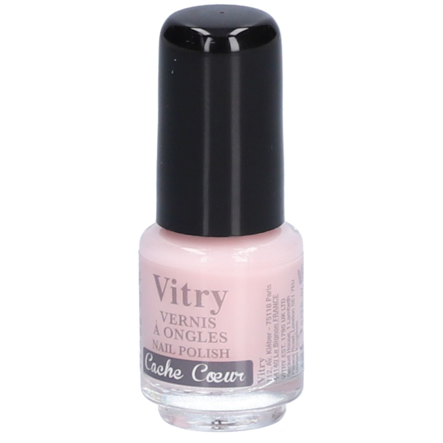 Flacon de vernis à ongles avec bouchon noir. Inscription : Vitry, Vernis à Ongles, Nail Polish, Cache Coeur. Teinte rose. Pays d'origine.