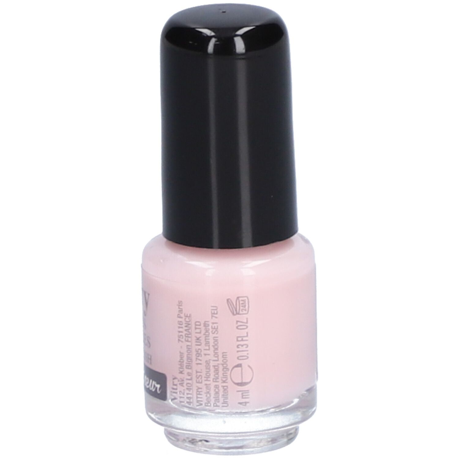 Flacon de vernis à ongles avec bouchon noir. Inscription : Vitry, Vernis à Ongles, Nail Polish, Cache Coeur. Teinte rose. Volume.
