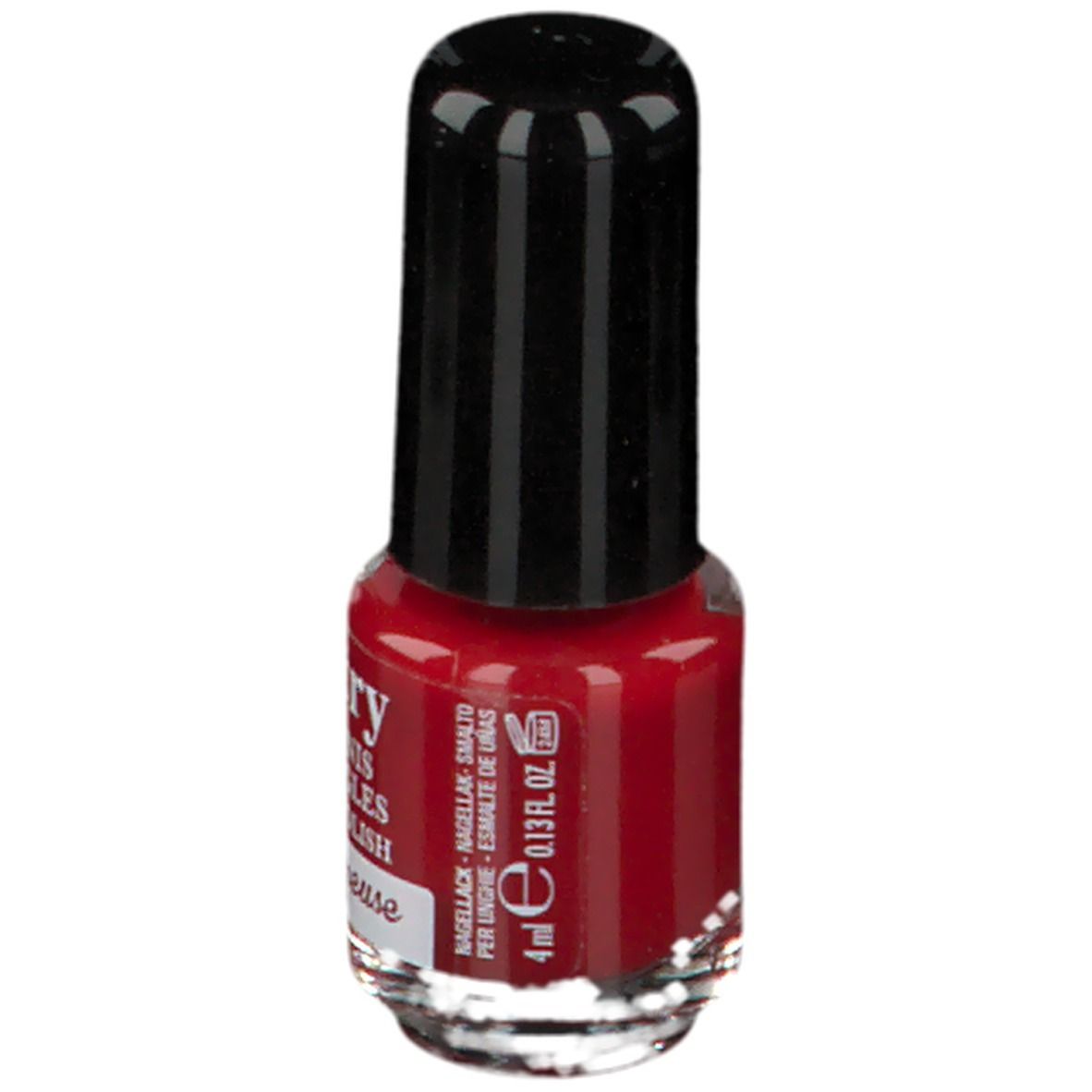 Roter Nagellackflakon mit schwarzem Deckel. Aufschrift: Vitry, Nagellack, 4 ml, 0.13 fl. oz.
