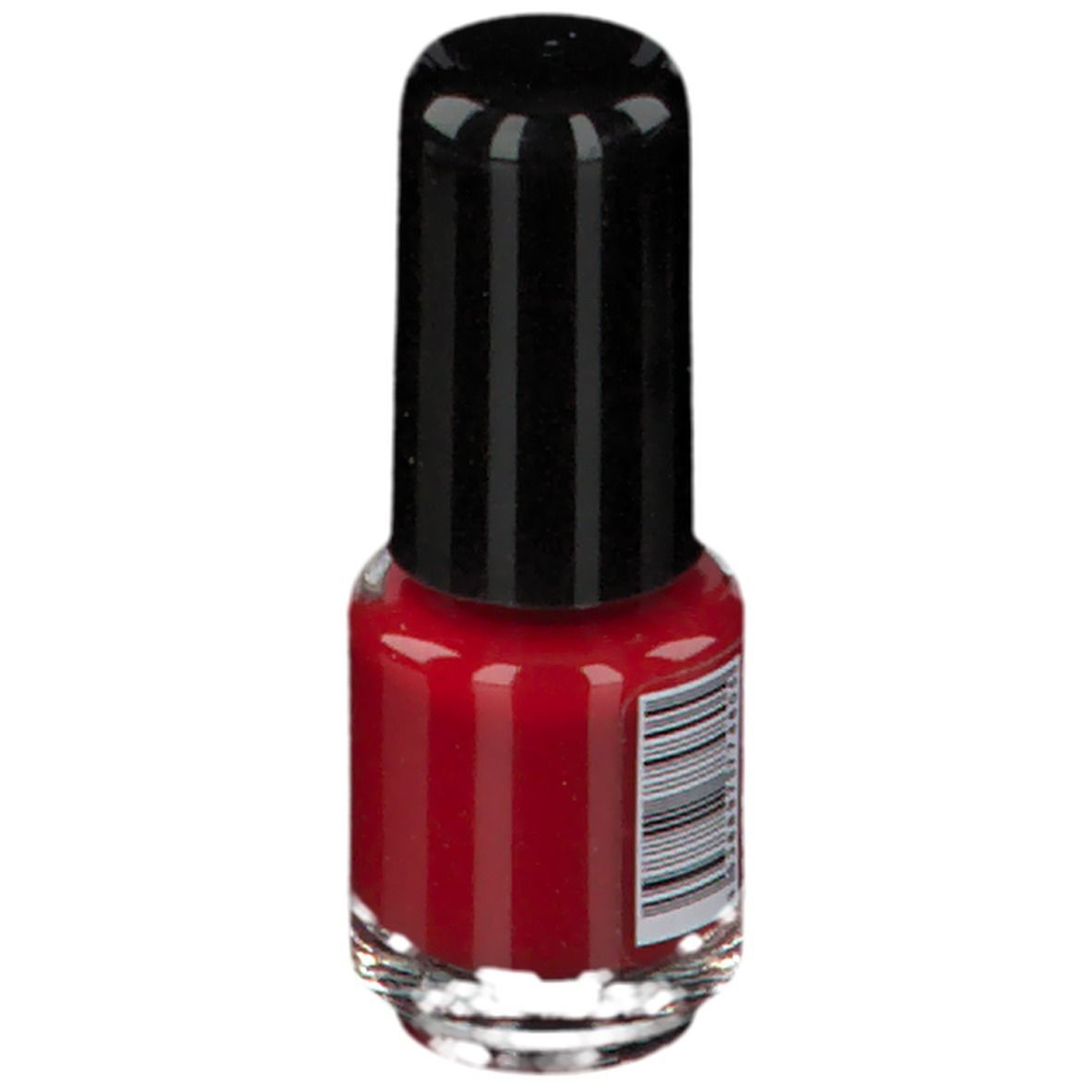 Roter Nagellackflakon mit schwarzem Deckel. Barcode auf der Rückseite.