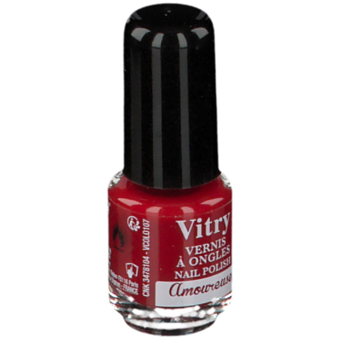 Roter Nagellackflakon mit schwarzem Deckel. Aufschrift: Vitry, Vernis à Ongles, Nail Polish, Amoureuse. Warnhinweis.